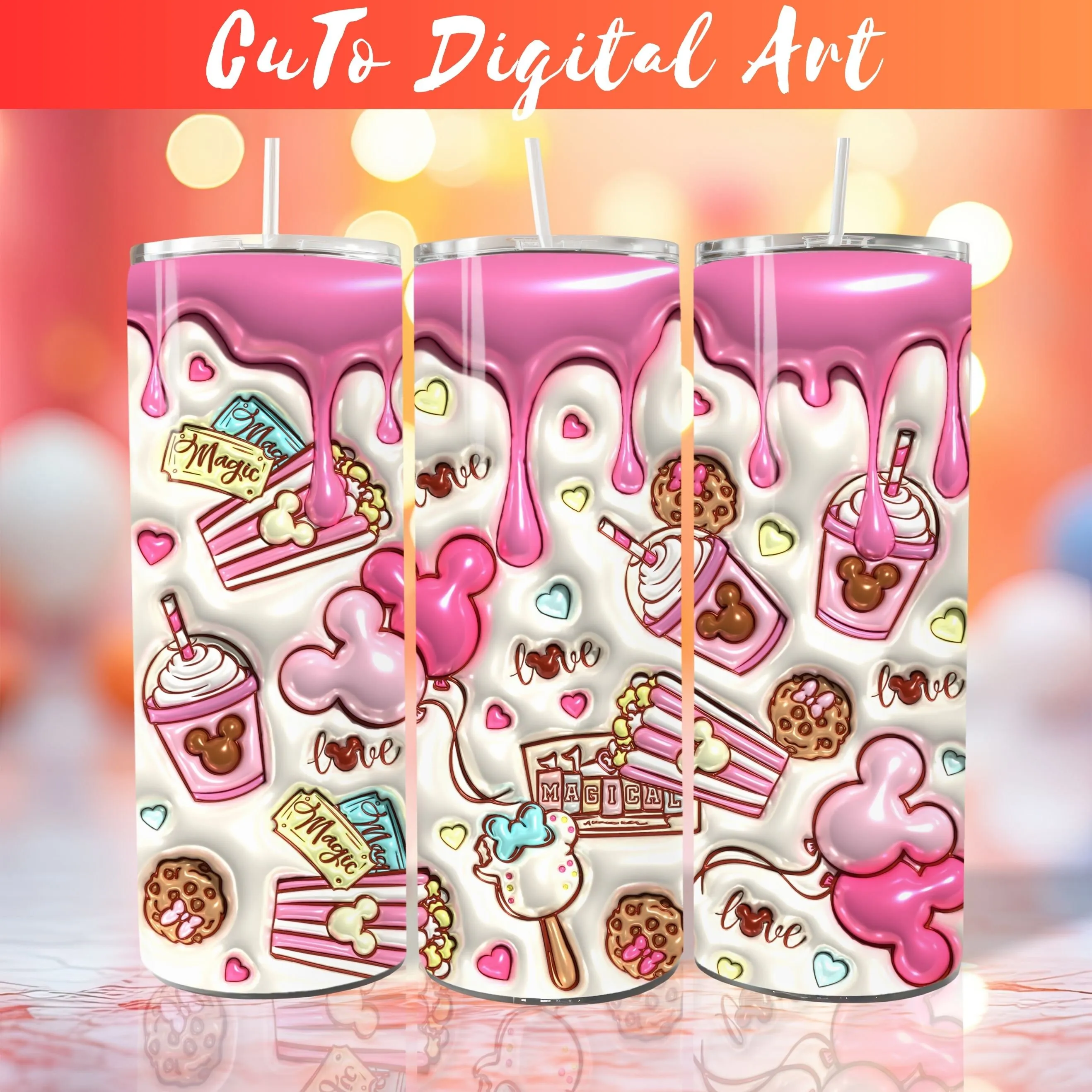 3D Pink Mouse Snacks Valentine's Day Inflated Tumbler Wrap PNG, Puffy Cartoon Saint's Day 20oz Tumbler Sublimation Design, Digital Download