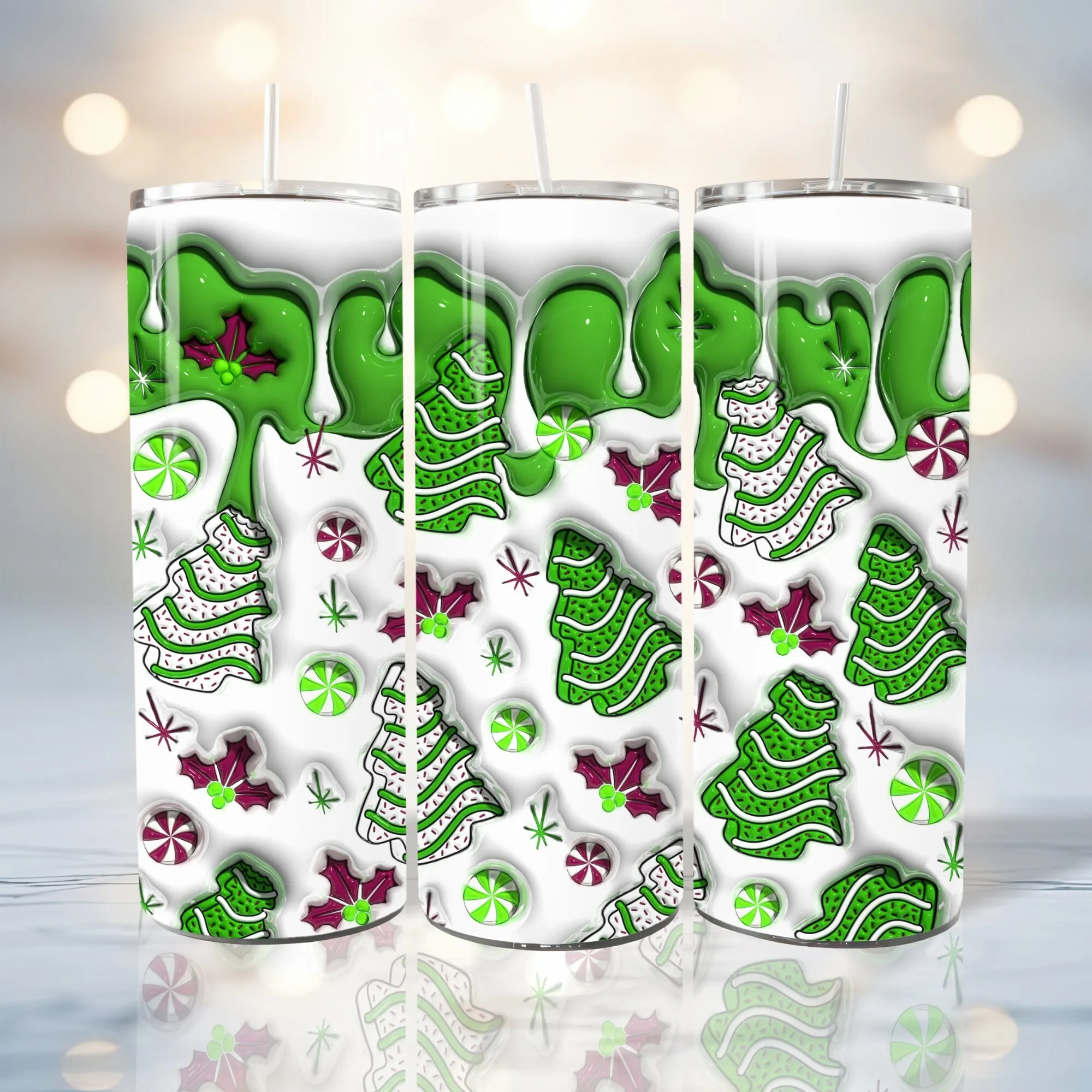 3D Seamless Green Christmas Tree Cakes Inflated Tumbler Wrap PNG, Puffy Snack Cakes Xmas 20oz Tumbler Sublimation Design, Digital Download