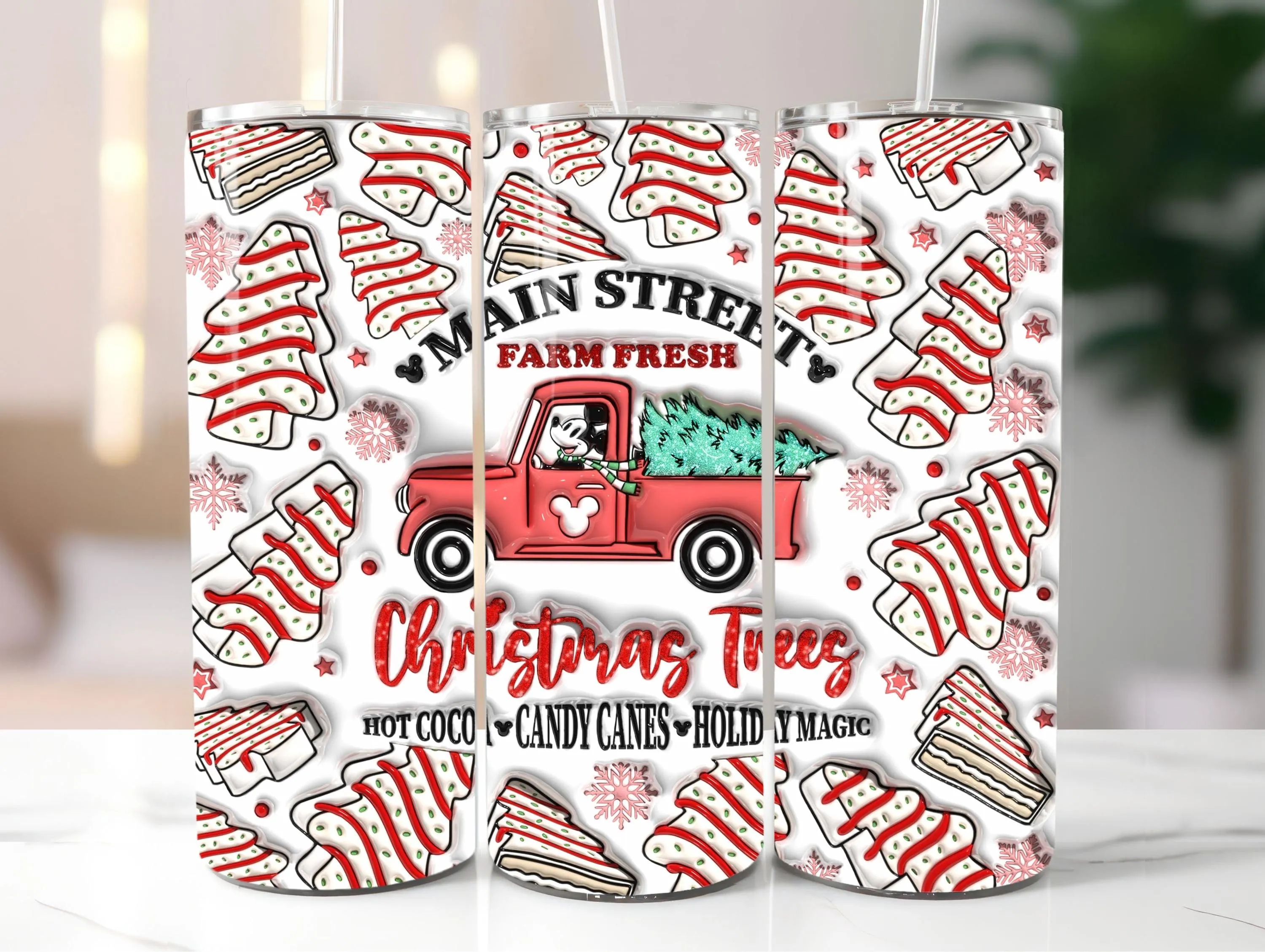 Inflated Christmas Truck Farm Fresh Trees PNG | Holiday Tumbler Wrap | Puffy Xmas Design for Cups | Candy Cane Snowflake Winter Cup Graphic
