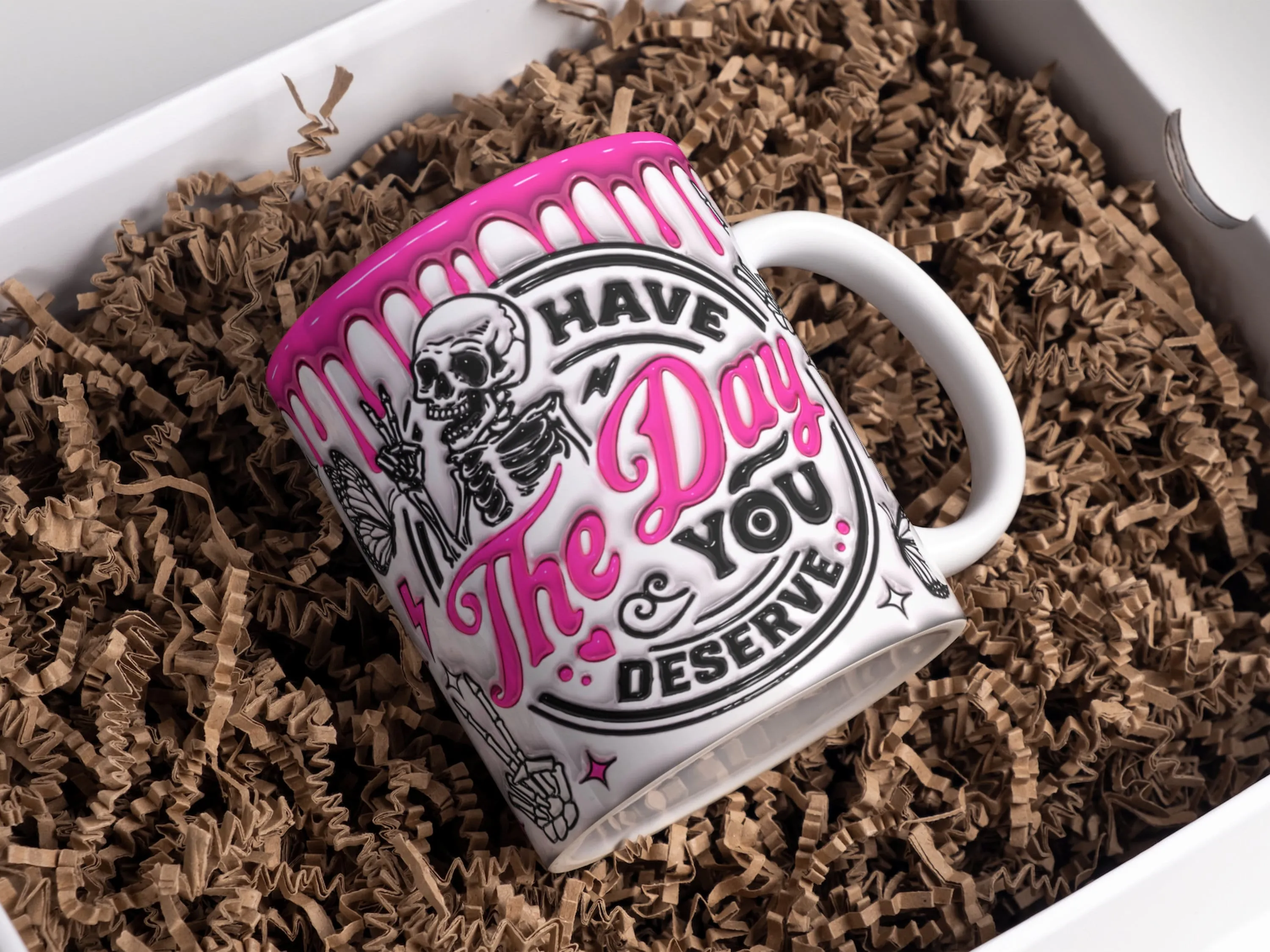 3D Have The Day You Deserve Inflated Mug Wrap Sublimation Design 11oz & 15oz, 3D Puffy Peace Funny Skeleton Mug PNG, Mug Sublimation Designs