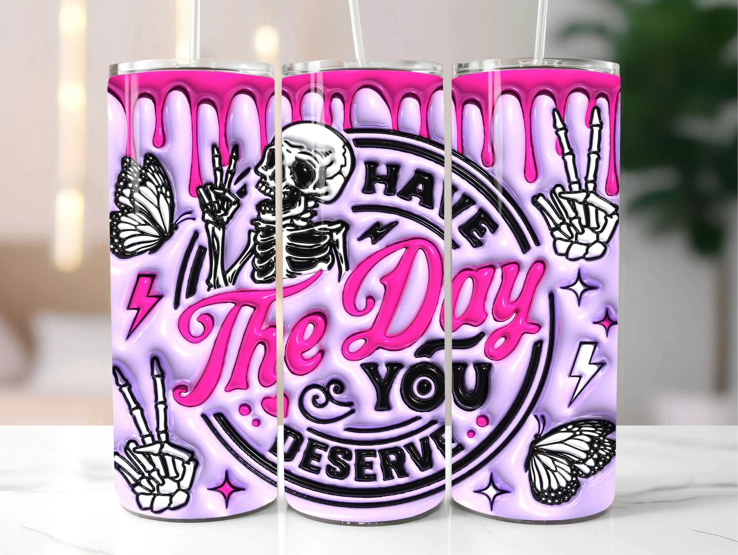 3D Purple Have The Day You Deserve Inflated Tumbler Wrap, 3D Puffy Peace Funny Skeleton 20oz Skinny Tumbler Sublimation, Digital Download