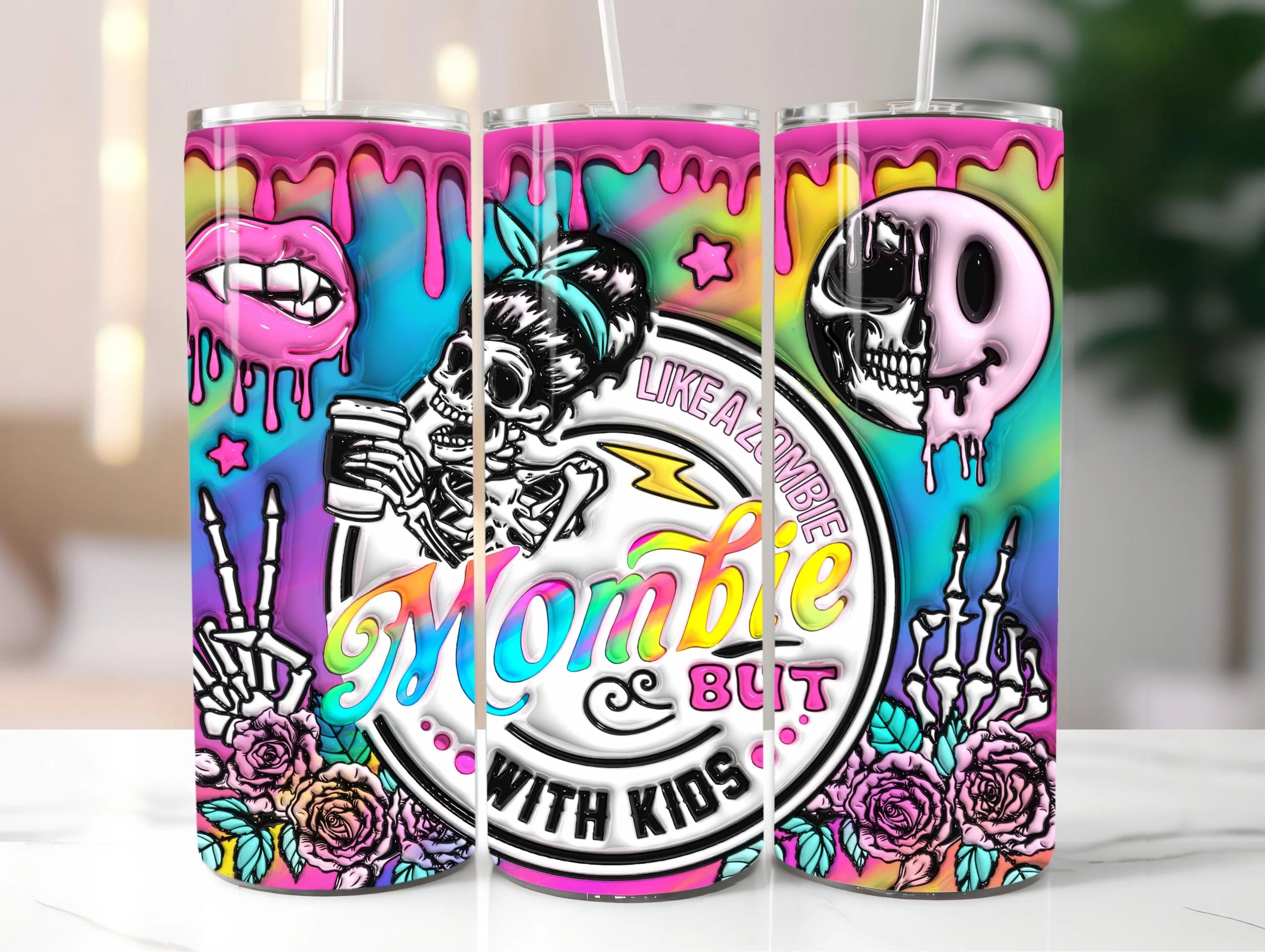 Mombie Mom Tumbler Wrap Design | Colorful Halloween Skull Coffee Cup | Rainbow Drip Goth Parent | Edgy Mom Life Digital Download PNG