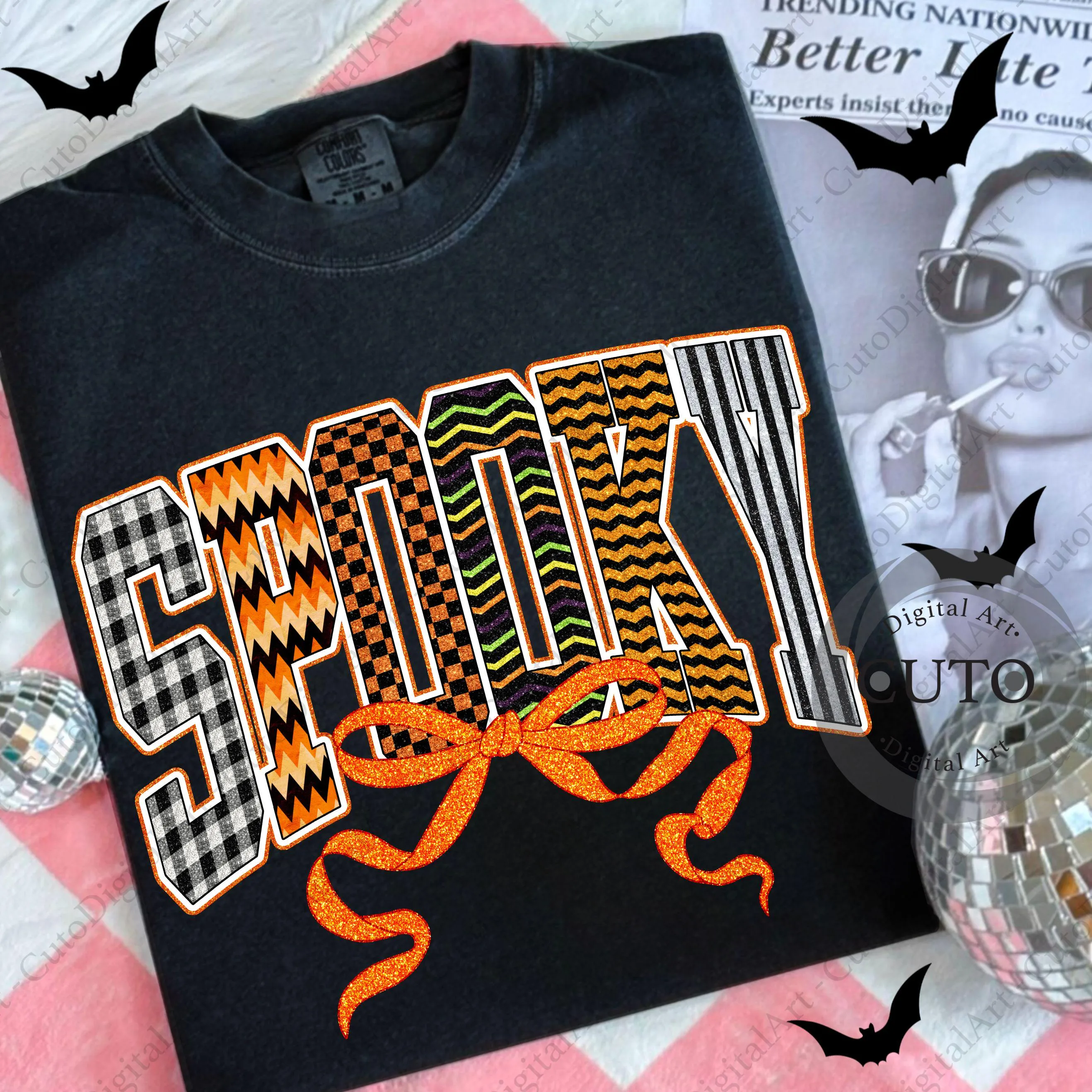 Halloween Retro Spooky Design with Mixed Patterns & Orange Coquette for T-Shirts and Sweatshirts - Transparent PNG Digital Download