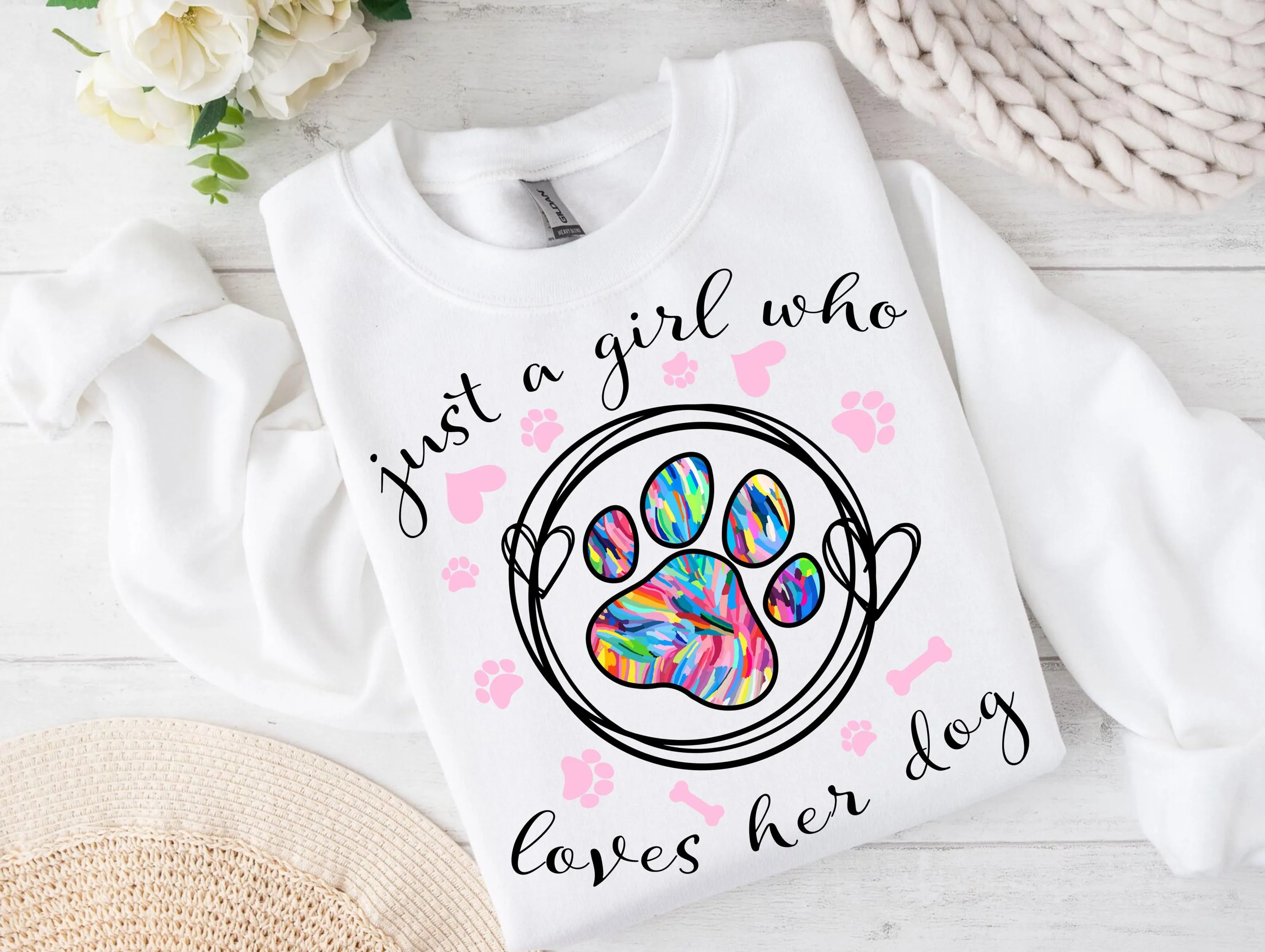 Just a Girl Who Loves Her Dog/Dogs Sweatshirt Design | Colorful Paw Print ShirtDesign | Hand-Drawn Pet Lover Apparel | Transparent PNG File