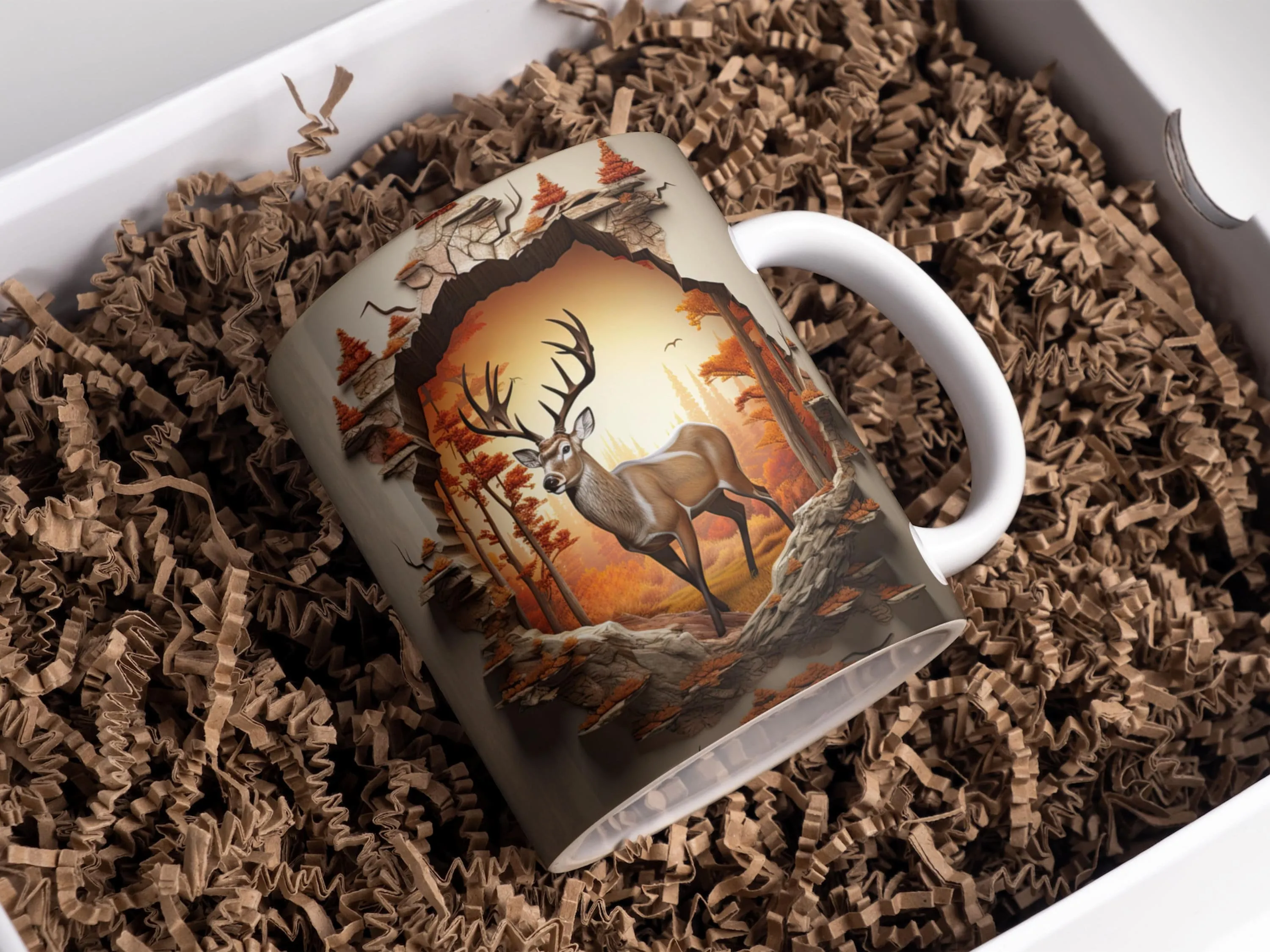 3D Deer In Wall Hole Mug Wrap Sublimation, 11oz and 15oz 3D Mug Wrap Designs, Mug Sublimation Designs, 3D Mug Template PNG For Sublimation