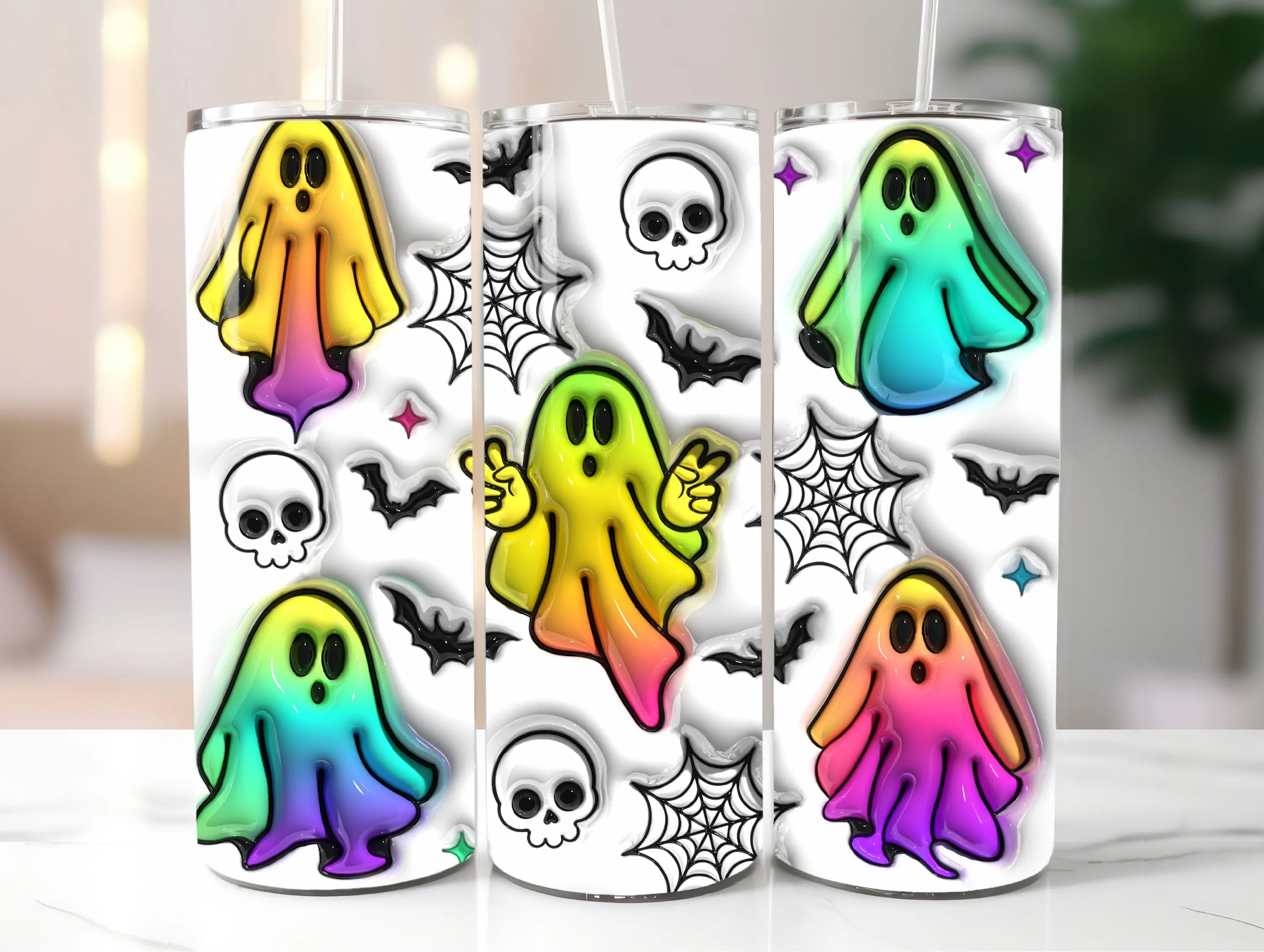 3D Inflated Rainbow Halloween Ghosts and Skulls Digital Download - Spooky Tumbler Wrap - Seamless Design with Bats and Spiderwebs PNG