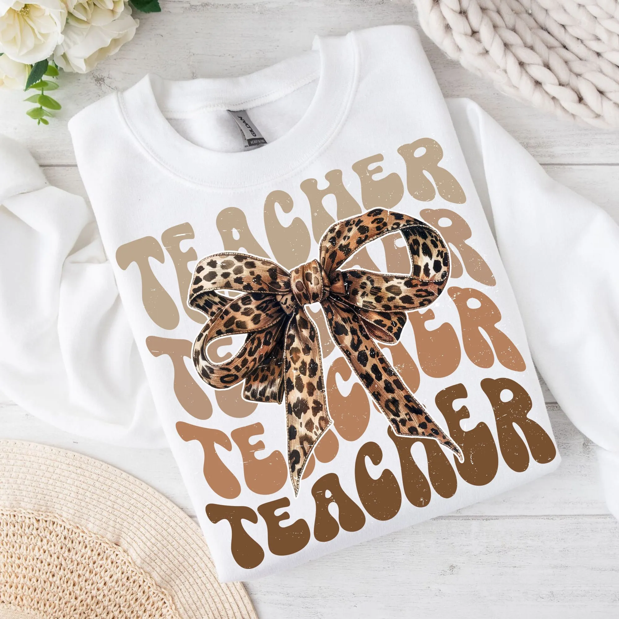 Retro Leopard Print Teacher Bow Digital PNG - Groovy Letters and Animal Print Ribbon - Sweatshirt and T-Shirt Designs - Teacher Appreciation