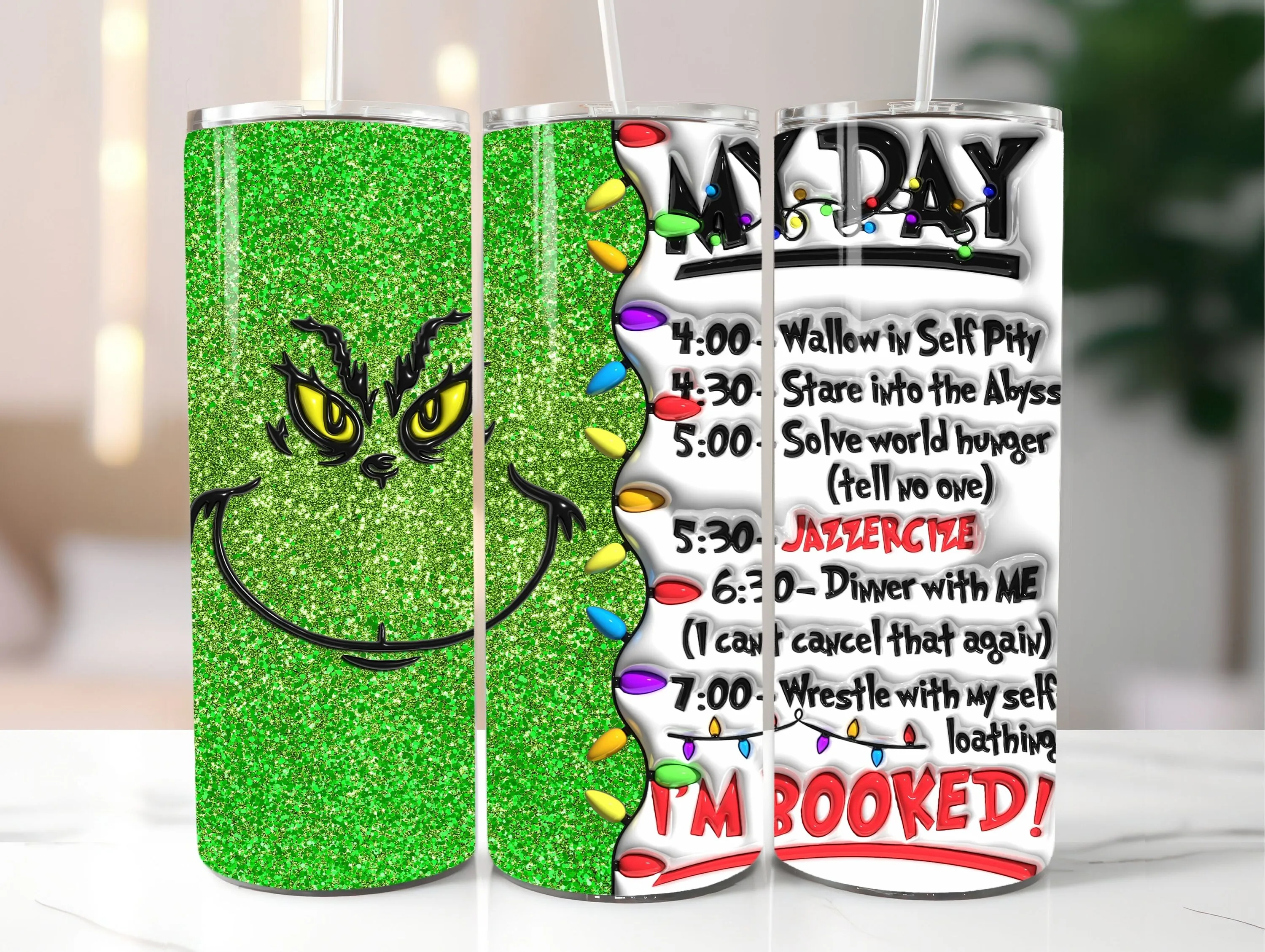 3D Green Glitter Christmas Inflated Tumbler Wrap PNG, Puffy Funny Xmas 20oz Tumbler Sublimation Design, Instant Digital Download