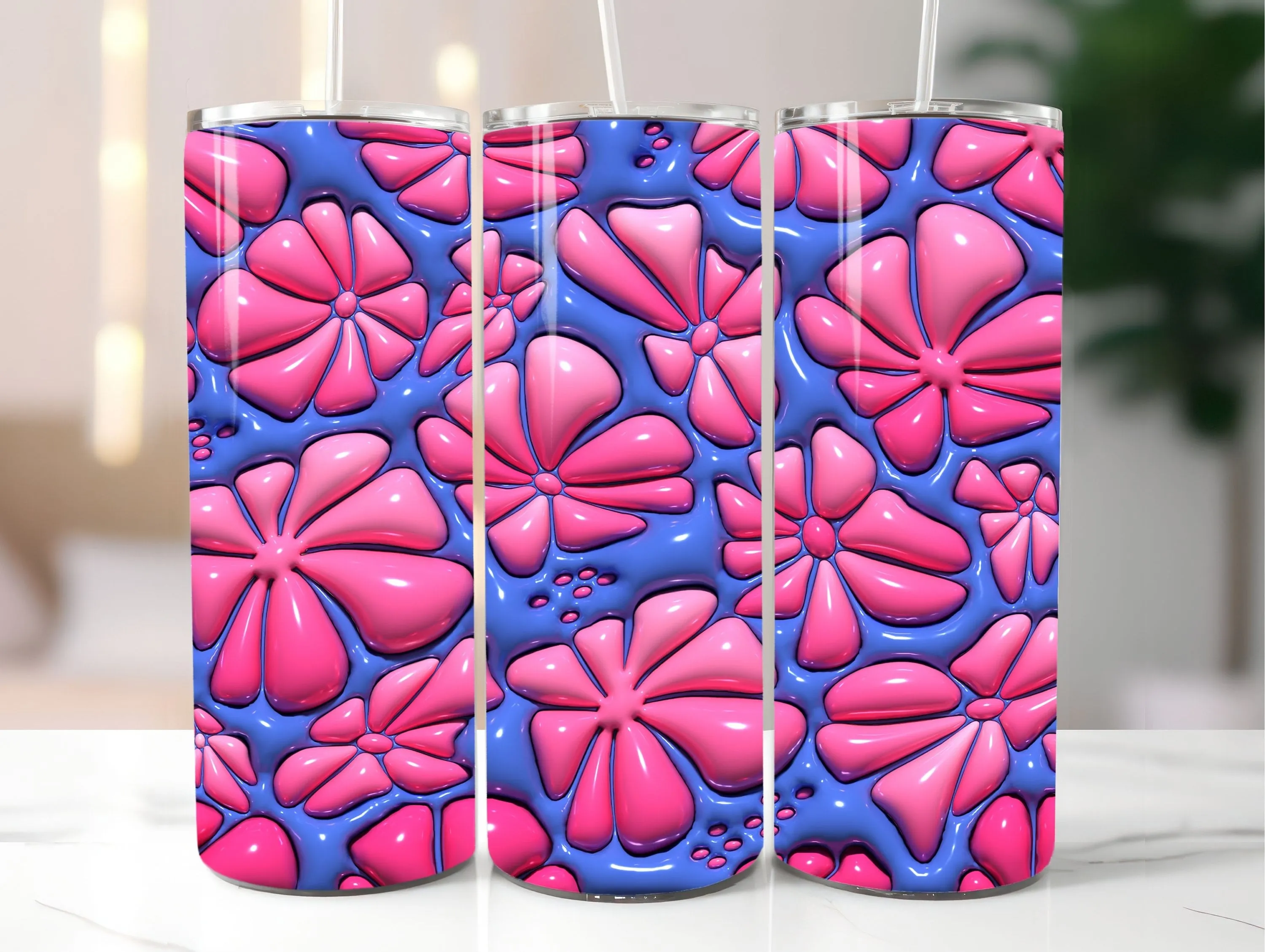 3D Inflated Seamless Pink Flowers Tumbler Wrap PNG - 3D Puffy Daisy 20oz Tumbler Sublimation Design - Instant Digital Download