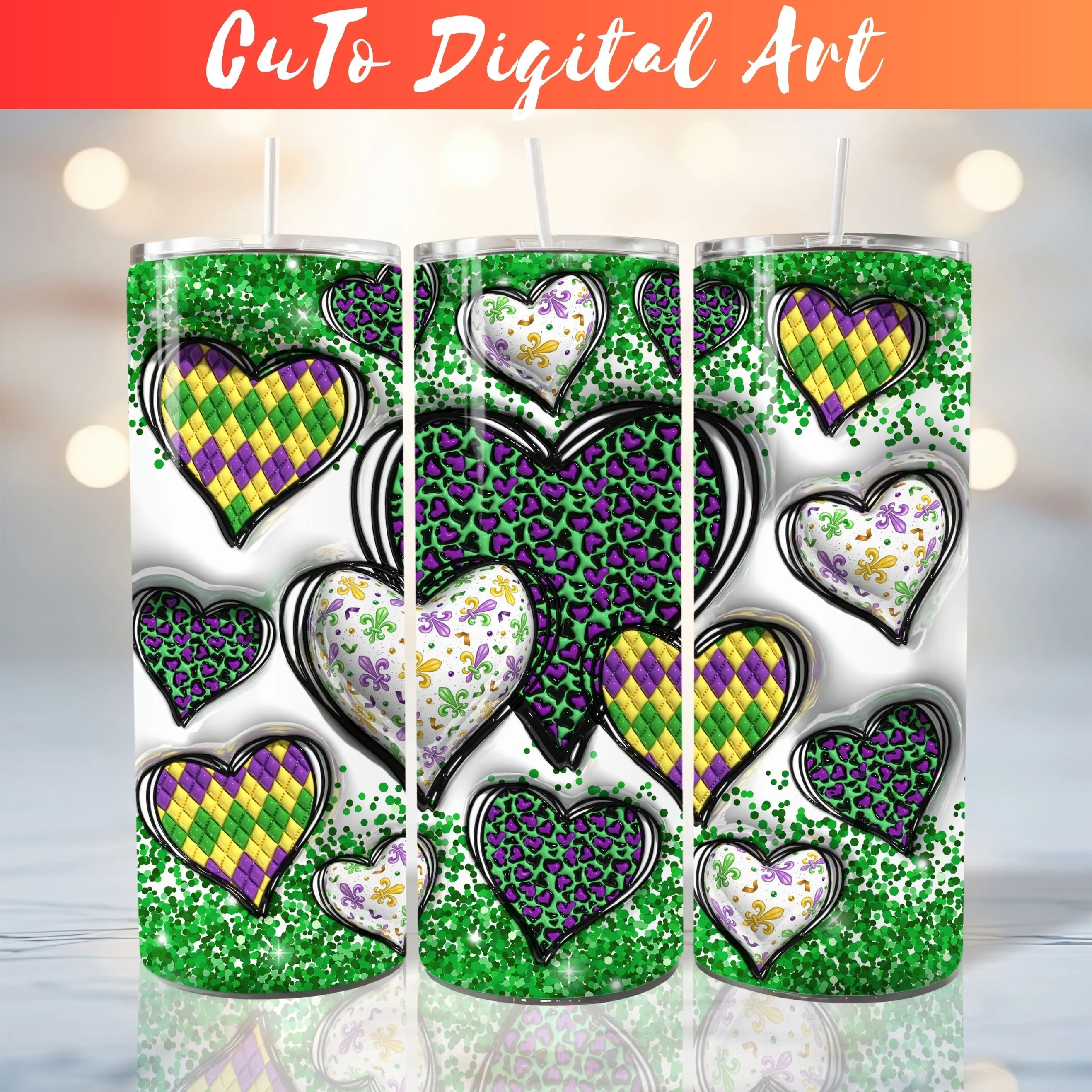 3D Green Glitter Mardi Gras Hearts Inflated Tumbler Wrap PNG, Puffy Leopard Hearts 20oz Tumbler Sublimation Design, Instant Digital Download
