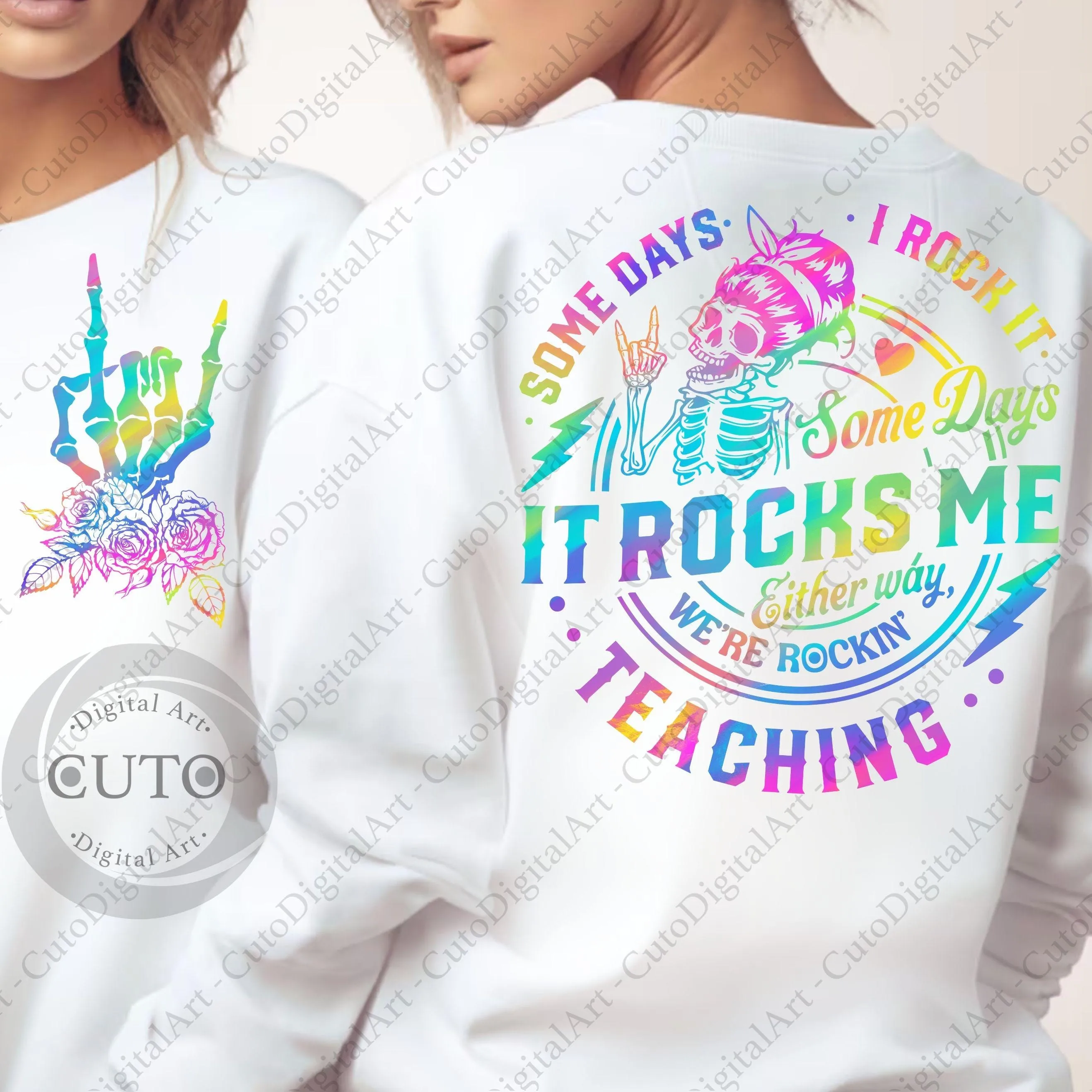 Holographic Teaching Some days I rock it PNG, Funny Teacher Life Skeleton PNG, Sarcastic Front/ Back, Retro Trendy Sublimation Shirt design