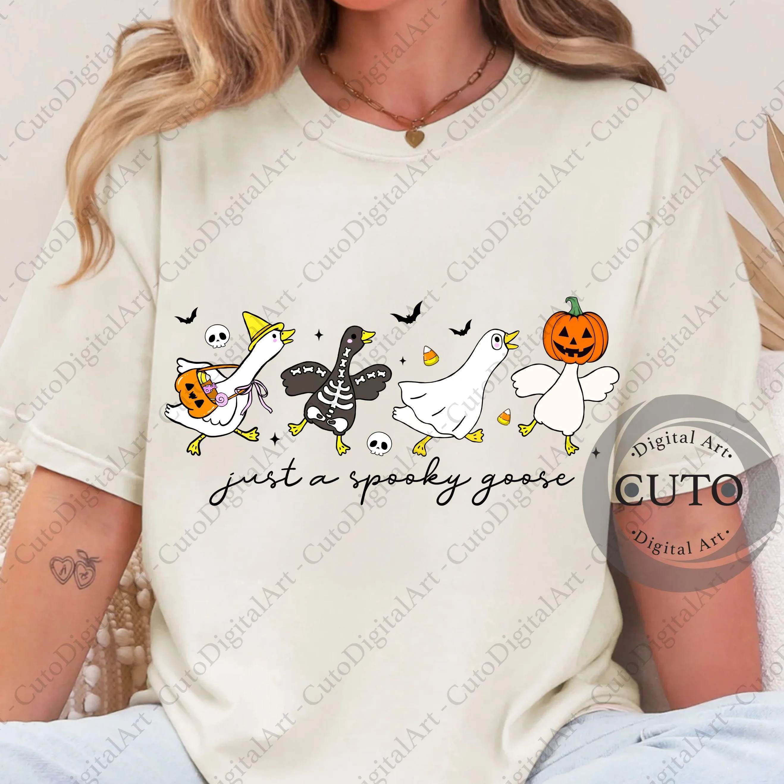 Just A Spooky Goose Halloween T-Shirt Design with Cute Costumed Geese - Funny Halloween Transparent PNG Digital Download