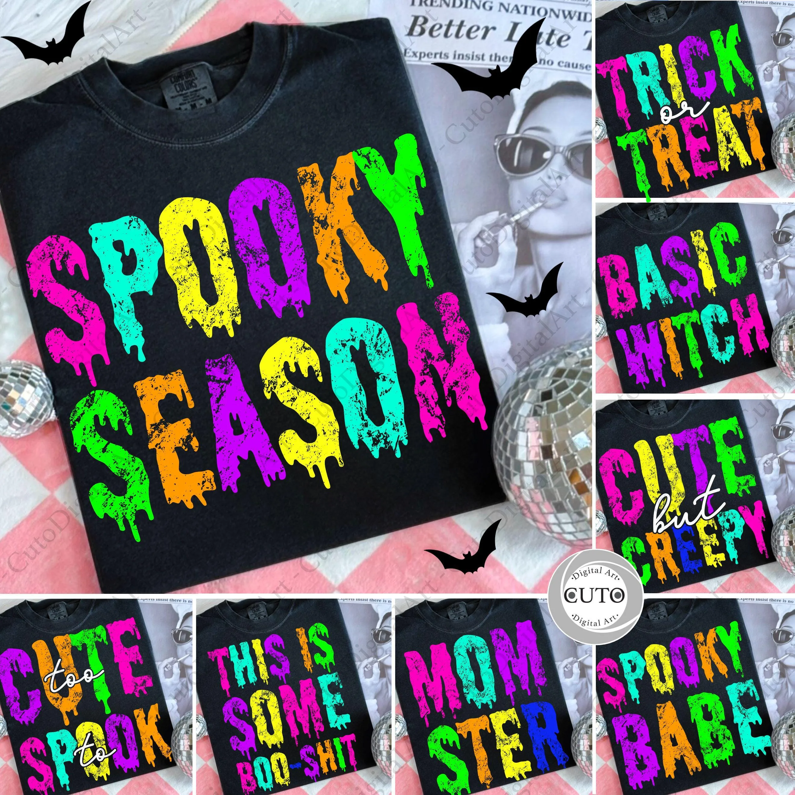 Colorful Halloween Spooky Season T-Shirts & Sweatshirts Design Bundle - Trendy Sublimation - 9 PNG Files