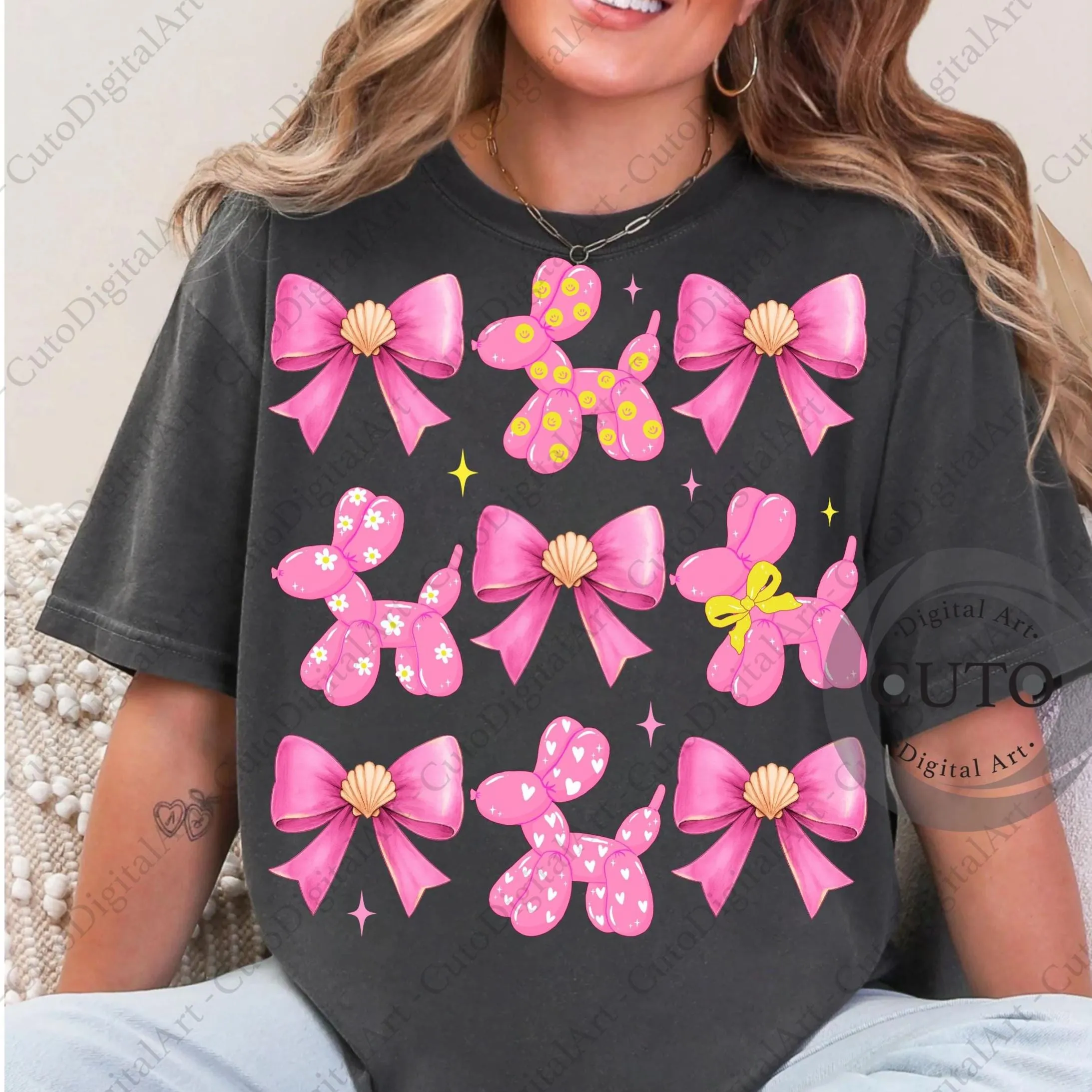 Pink Balloon Dog Animals Bows | Shell Hearts Flowers Smiley Face | T-Shirt Sweatshirt Sublimation Design Transparent PNG Digital File