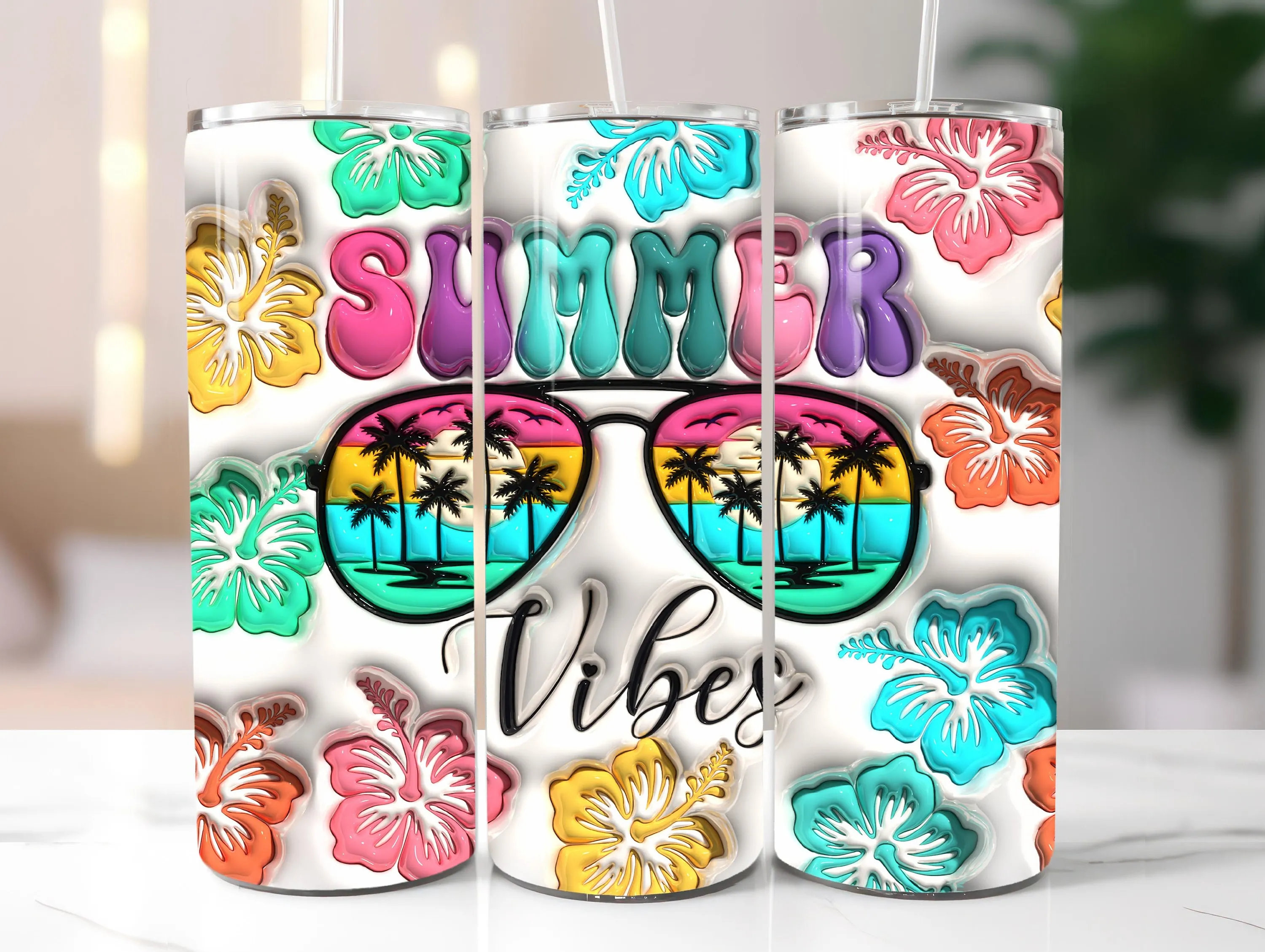 3D Colorful Summer Vibes Inflated Tumbler Wrap, 3D Bubble Summer Time Tumbler Sublimation, Funny 20oz Tumbler PNG, Instant Digital Download