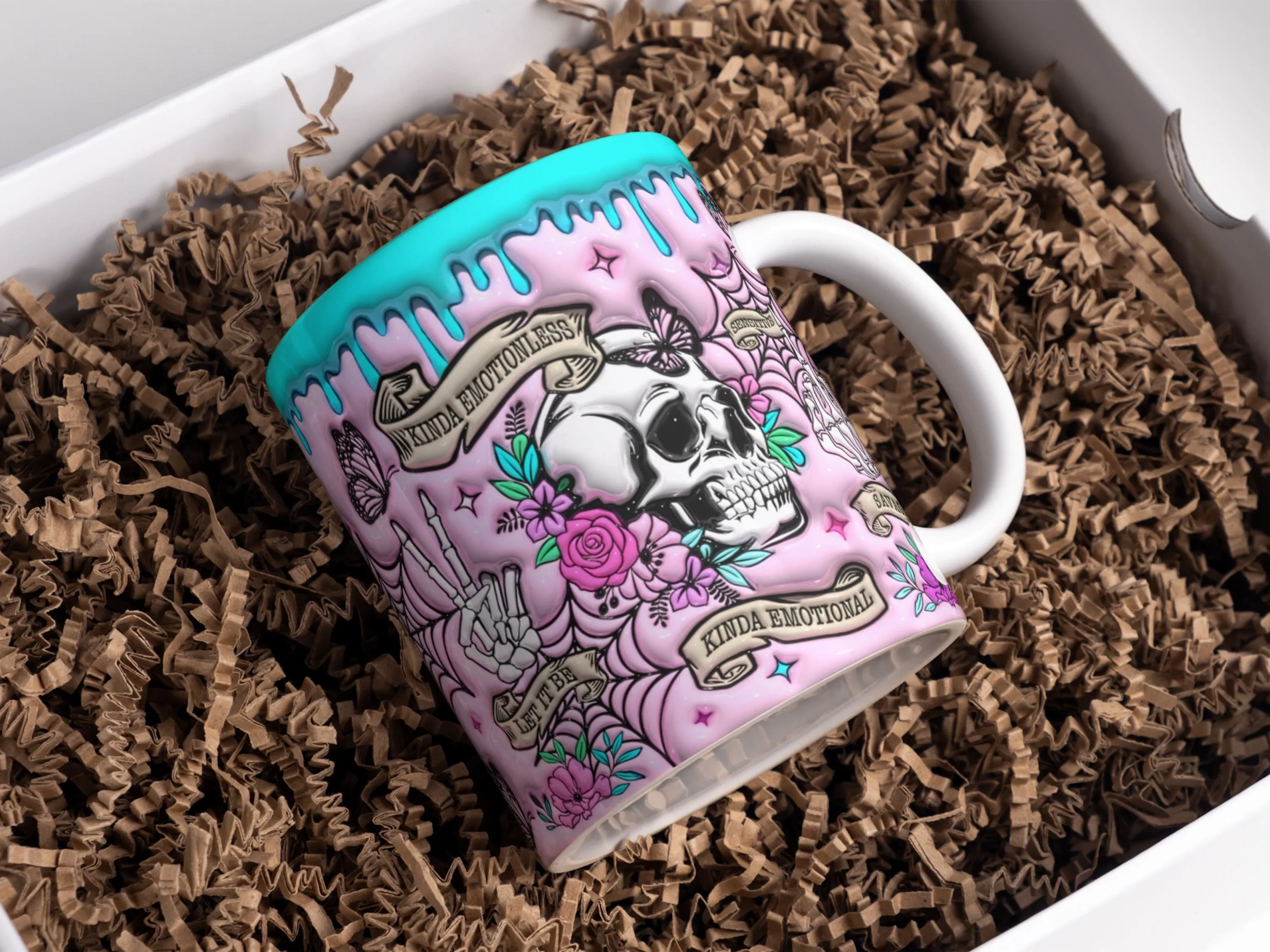 3D Kinda Emotional Kinda Emotionless Inflated Mug Wrap Sublimation Design 11oz & 15oz, Puffy Floral Skull Mug PNG, Mug Sublimation Designs