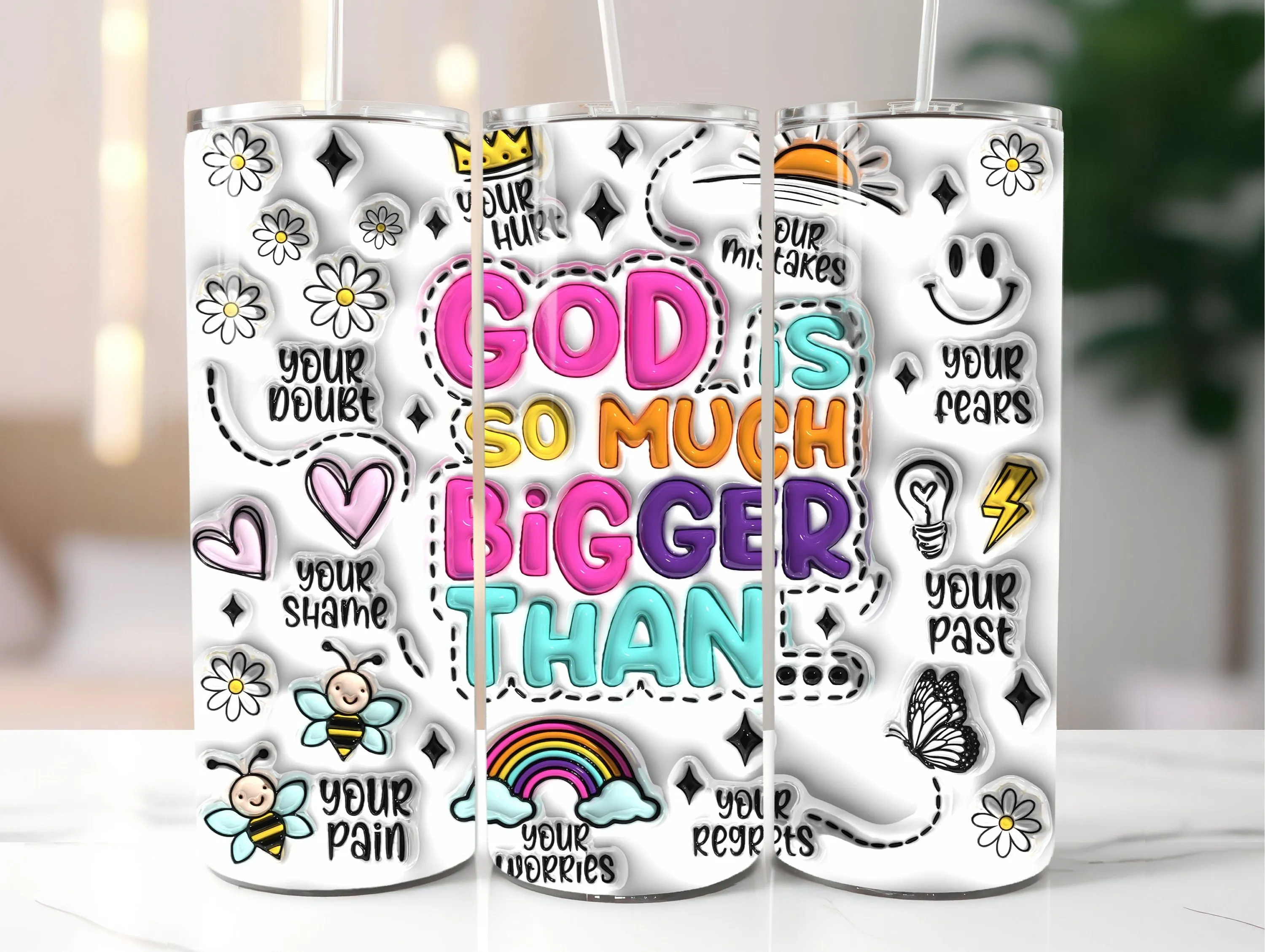 3D Inflated God Is So Much Bigger Than Tumbler Wrap, 3D Puffy Retro Christian 20oz Skinny Tumbler Sublimation, Digital Download