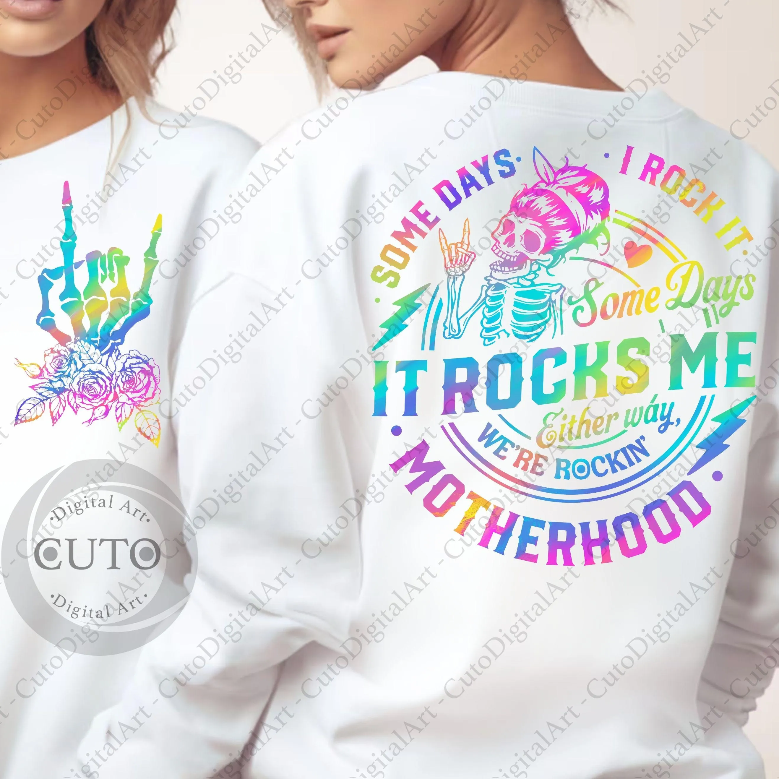 Holographic Motherhood Some days I rock it PNG, Funny Mom Life Skeleton PNG, Sarcastic Front/ Back, Retro Trendy Sublimation Shirt design