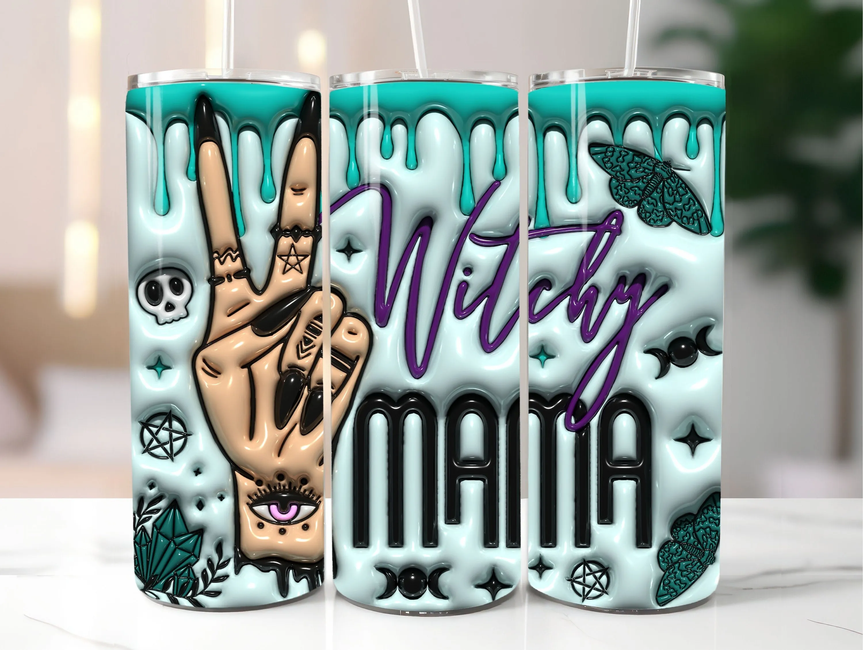 3D Witchy Mama Halloween Inflated Tumbler Wrap PNG - 3D Puff Witch Hand 20oz Tumbler Sublimation Design - Digital Download Tumbler Wrap