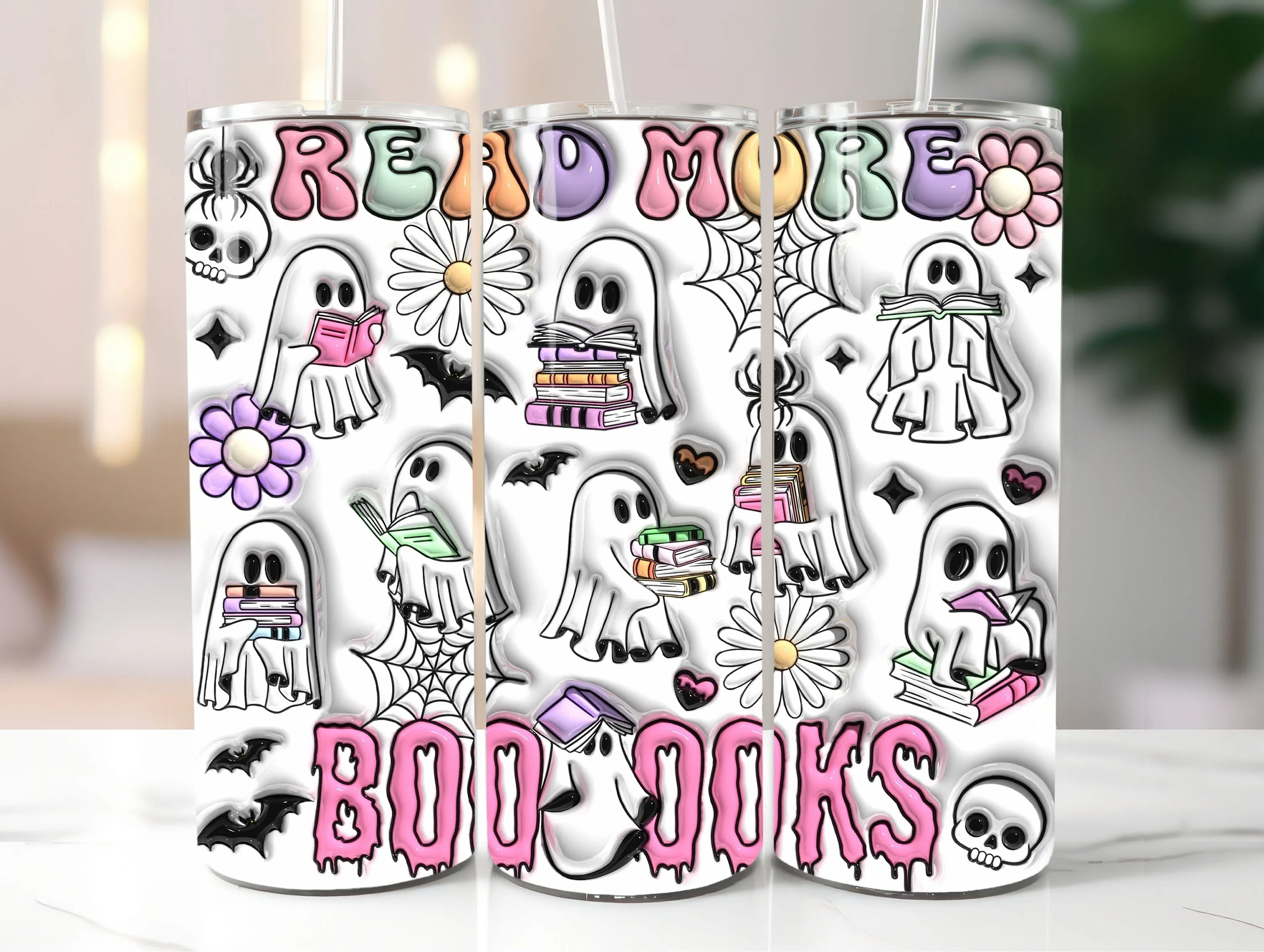 Inflated Book Lover Halloween Tumbler Wrap, 3D Puffy Spooky Teacher PNG, 20oz Tumbler Sublimation Design, Ghost Book Nerd Digital Download