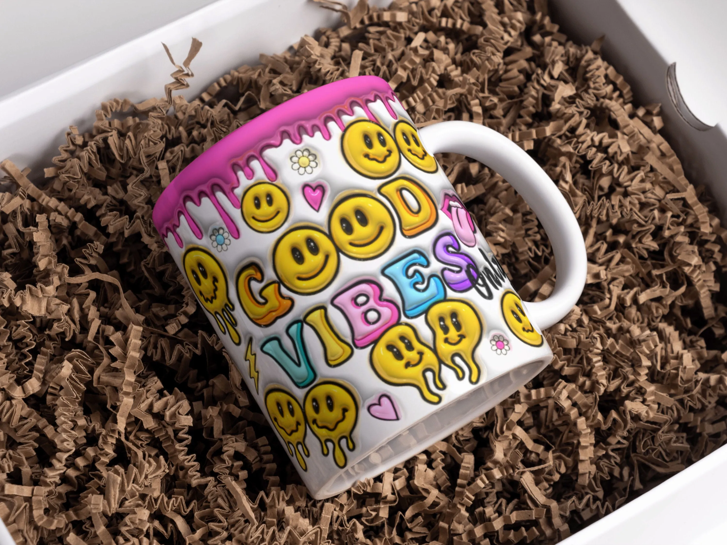 3D Inflated Good Vibes Only Mug Wrap Sublimation Design 11oz & 15oz, 3D Puffy Colorful Smiley Face Mug PNG, Positive Mug Wrap Template