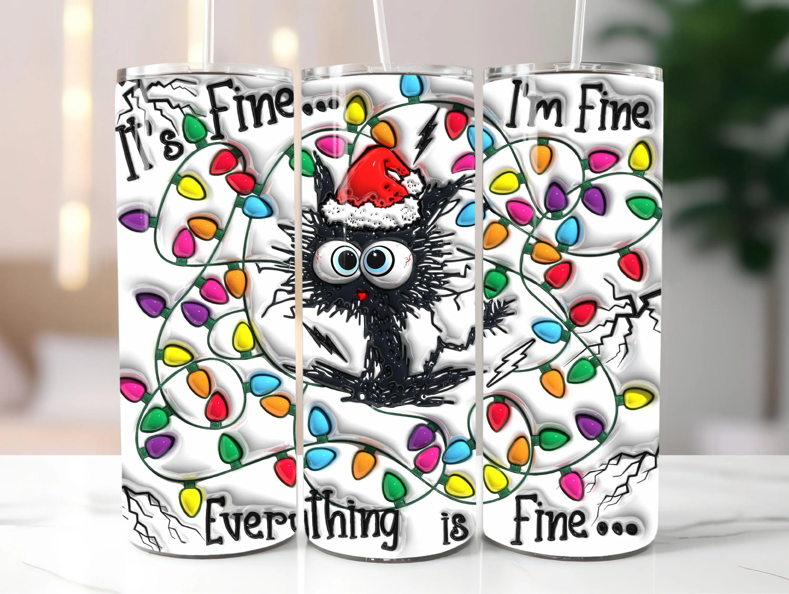 It's Fine Everything is Fine Cat Christmas Digital Download, Funny Holiday Lights Sublimation Design for Tumblers, Cups, Sarcastic Xmas PNG