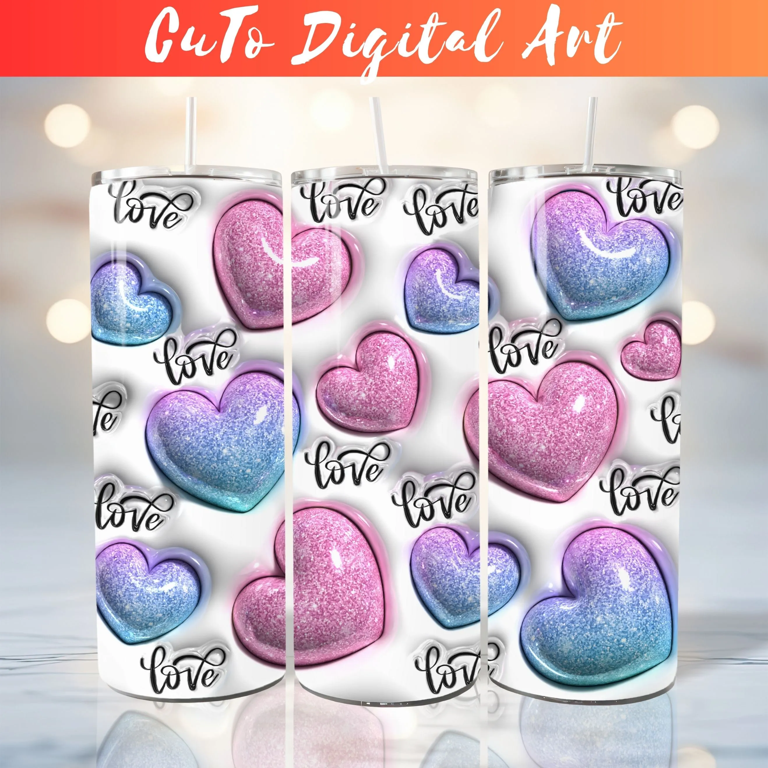 3D Blue-Pink Glitter Love Hearts Inflated Tumbler Wrap PNG - 3D Puffy Valentine's Day Digital Design - Saint's Day 20oz Tumbler Sublimation