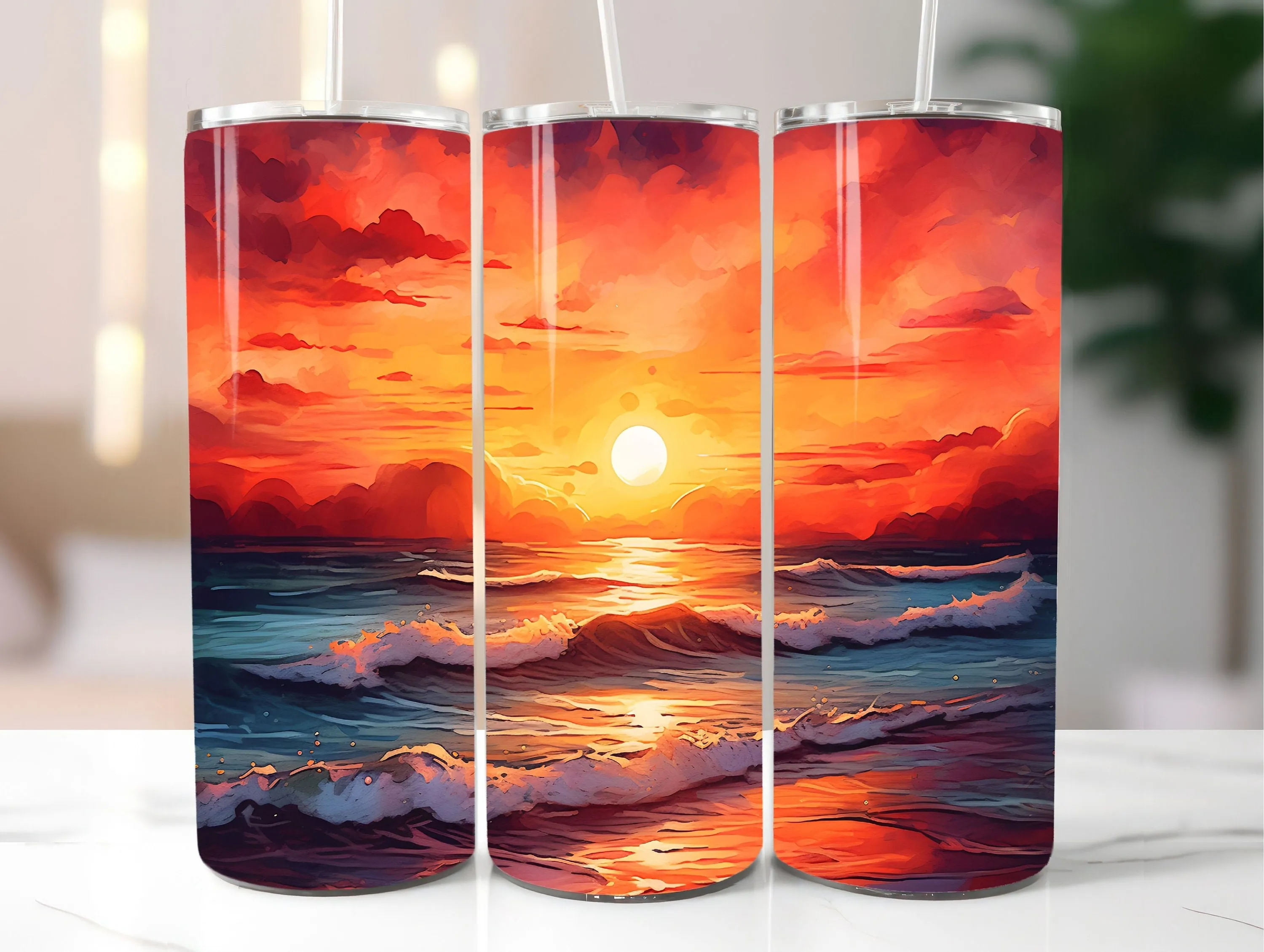 Watercolor Beach Sunset 20 oz Skinny Tumbler Sublimation Design, Straight And Tapered Tumbler Wrap, Instant Digital Download PNG