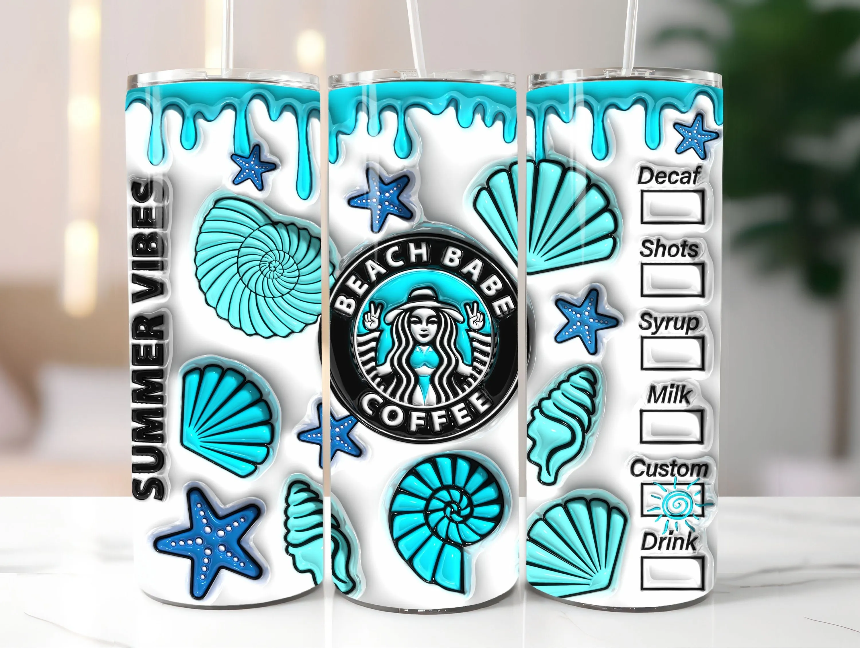 3D Beach Babe Inflated Tumbler Wrap PNG - Puffy Summer Vibes Tumbler Sublimation Design - 20oz Skinny Tumbler Wrap Instant Digital Download