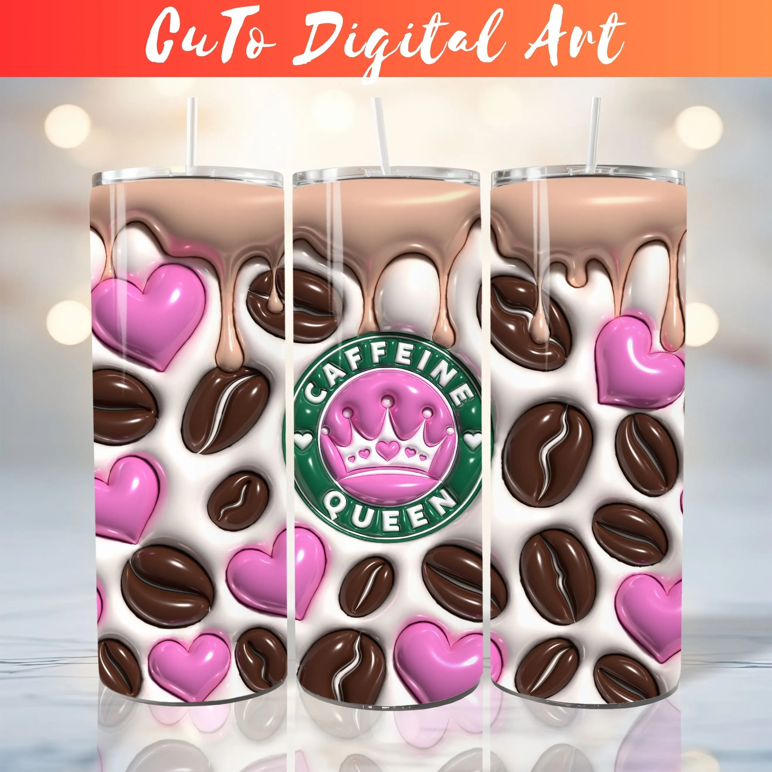 3D Caffeine Queen Inflated Tumbler Png - 3D Puffy Coffee Tumbler Wrap & Design - 20oz Skinny Tumbler Sublimation - Instant Digital Download