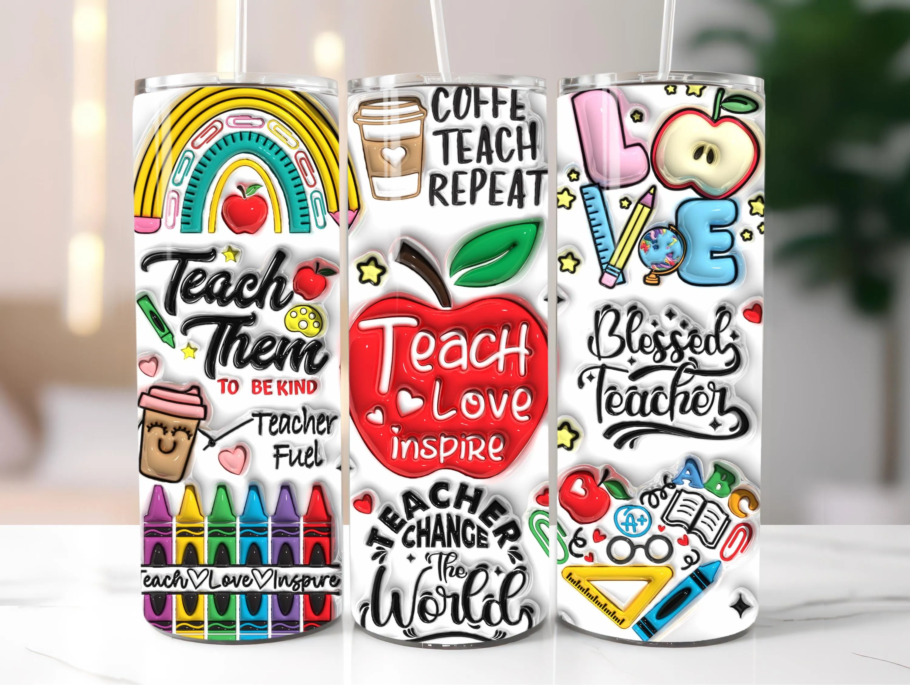 3D Teach Love Inspire Inflated Tumbler PNG, Puffy Teacher Fuel Sublimation Design, 20oz Skinny Tumbler Wrap, Blessed Teacher Digital File