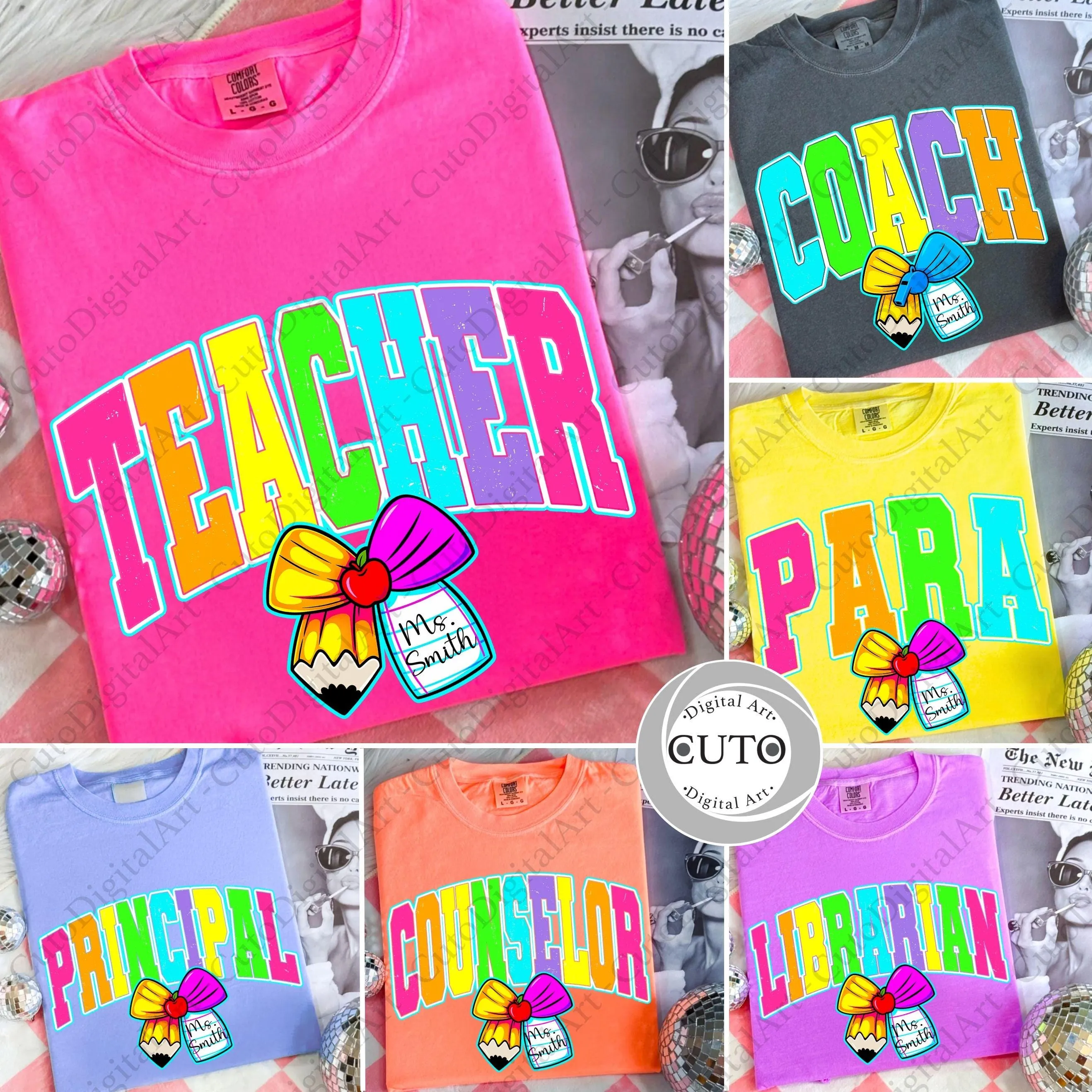 School Staff - Teacher Coach Principal Librarian Counselor and Para Bundle - Back to School Colorful PNG Designs for T-Shirts & Sweatshirts