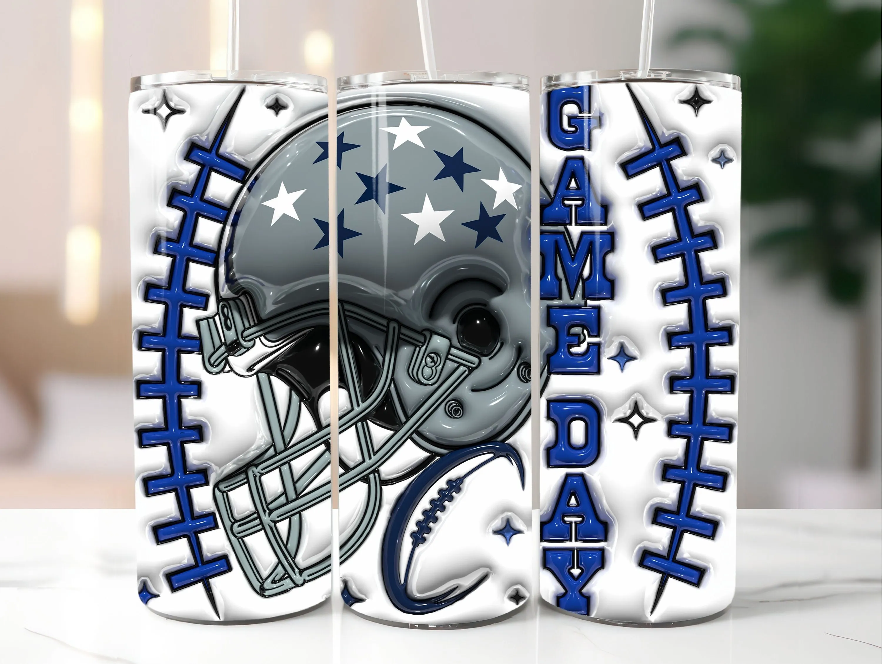 3D Game Day Navy Blue Colors Inflated Tumbler Wrap PNG, 3D Puffy Sublimation Design for American Football Fans, Instant Digital Download