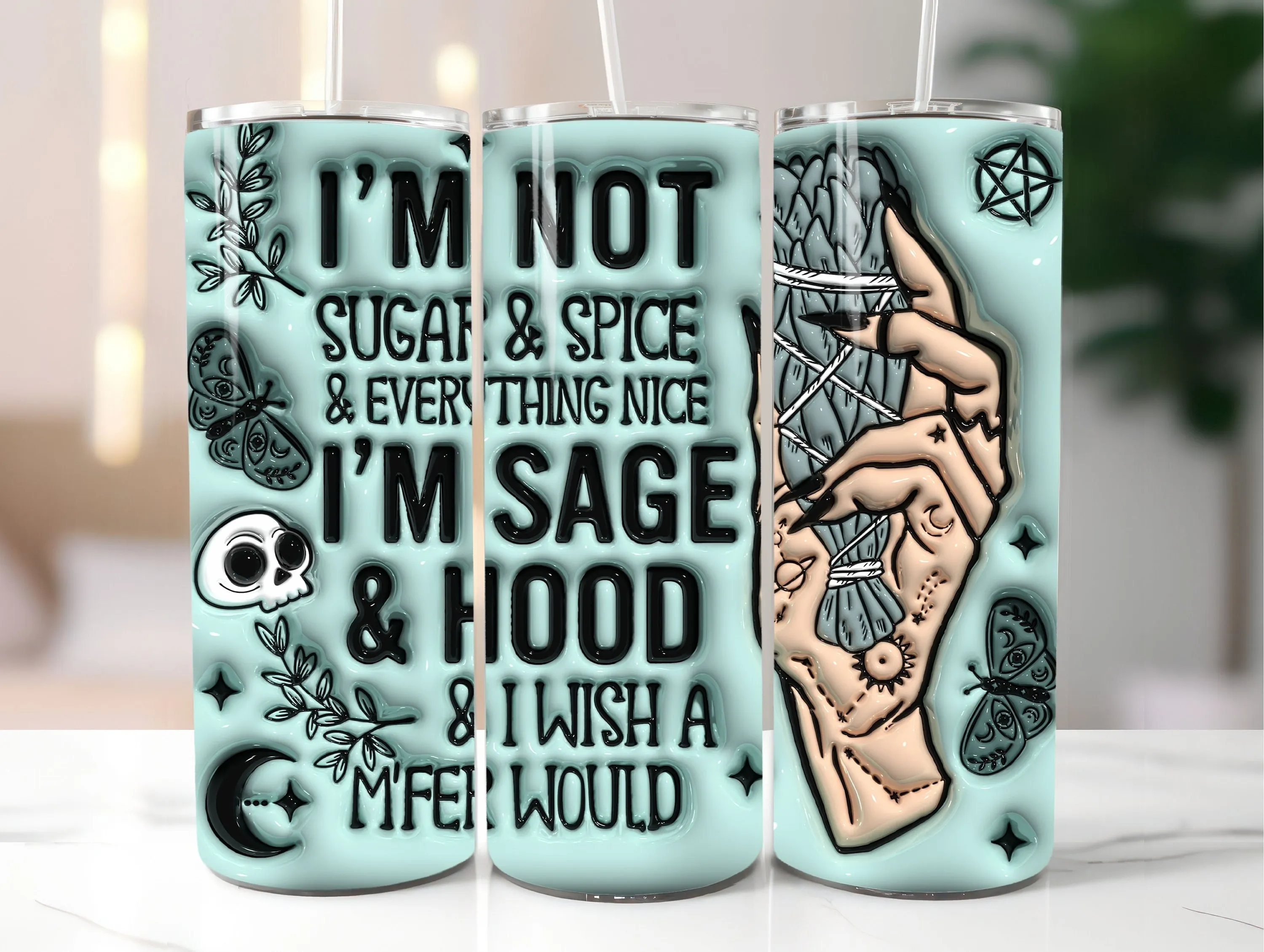 3D I'm Not Sugar and Spice I'm Sage Inflated Tumbler Wrap PNG - 3D Puff Witch 20oz Tumbler Sublimation Design - Instant Digital Download