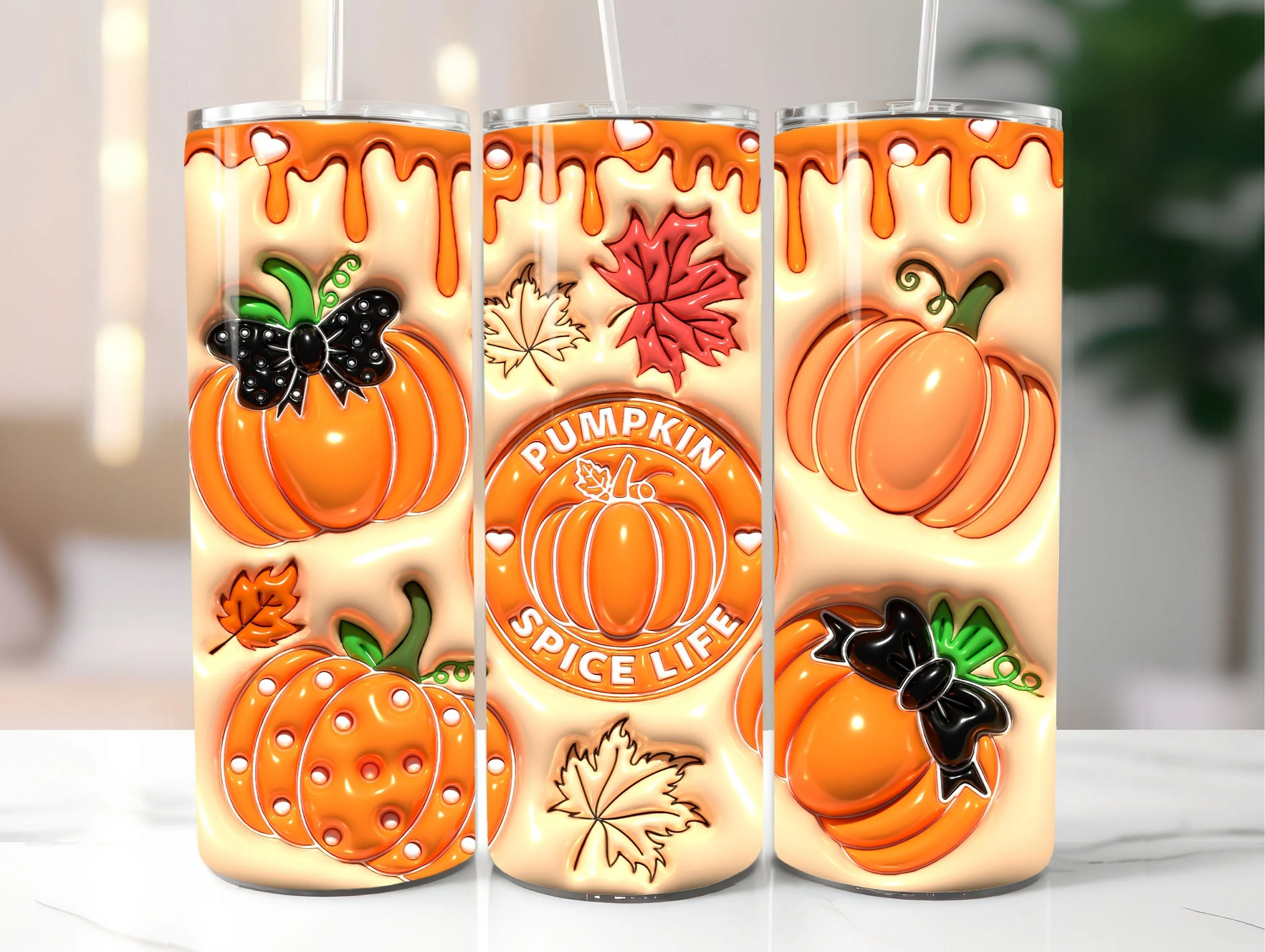 3D Pumpkin Inflated Tumbler Wrap PNG - 3D Puff Pumpkin 20oz Tumbler Sublimation - Skinny Tumbler Wrap - Instant Digital Download