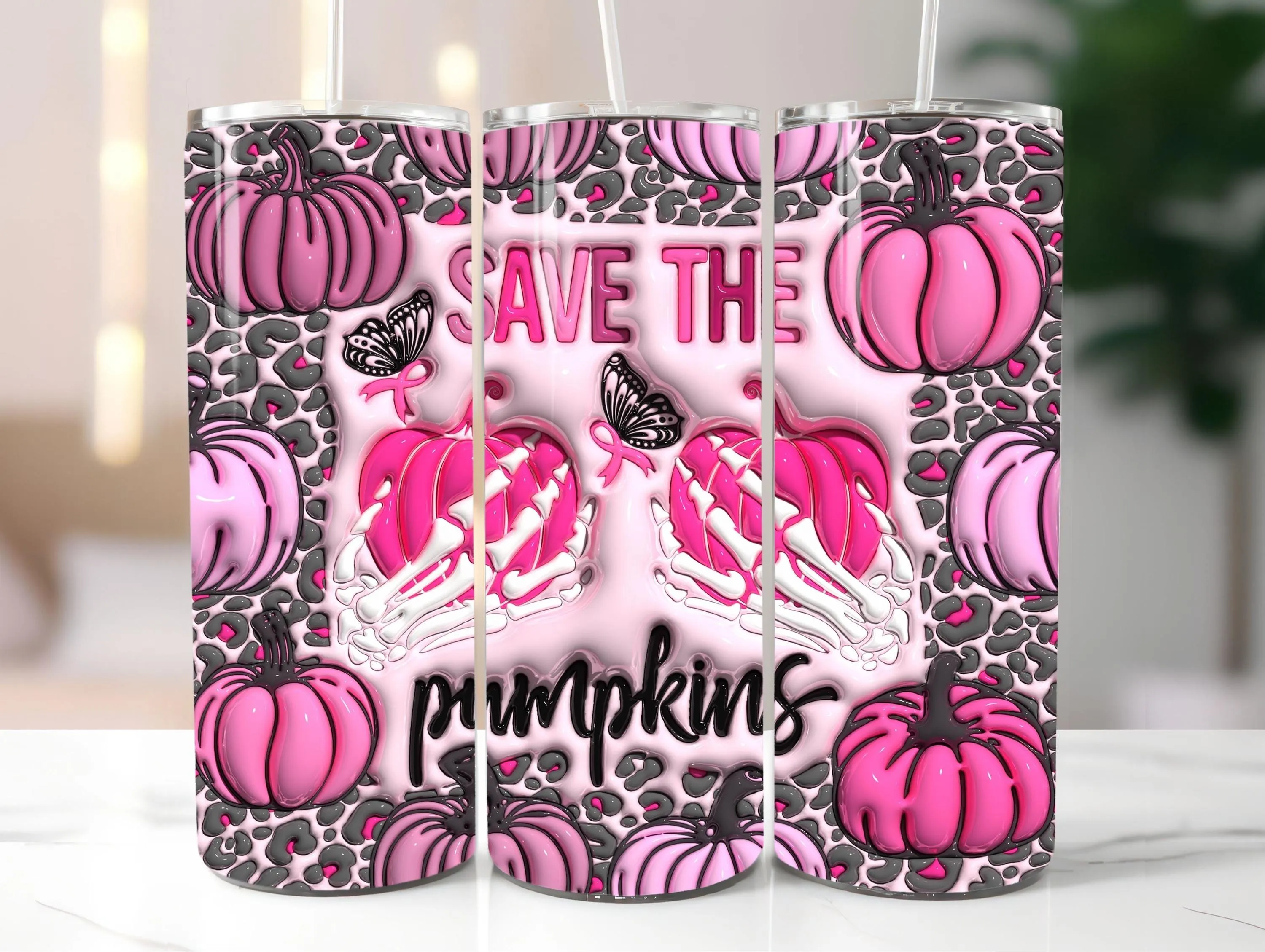 3D Save the Pumpkins Inflated Skinny Tumbler Wrap, Puffy Cancer Be Gone 20oz Tumbler Sublimation Design, In October We Wear Pink Digital PNG