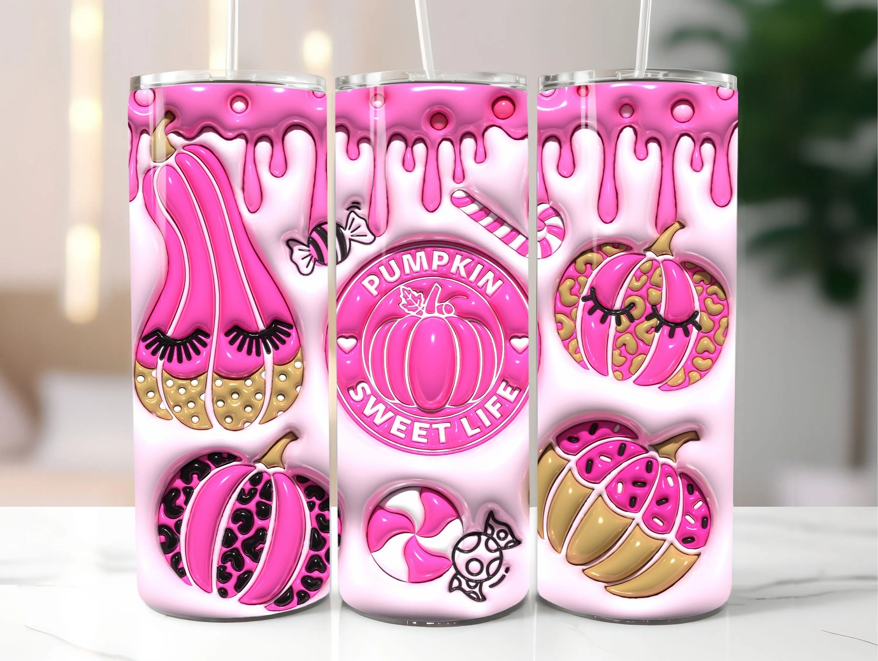 3D Pink Pumpkin Inflated Tumbler Wrap PNG - 3D Puff Sweet Life 20oz Tumbler Sublimation - Skinny Tumbler Wrap - Instant Digital Download
