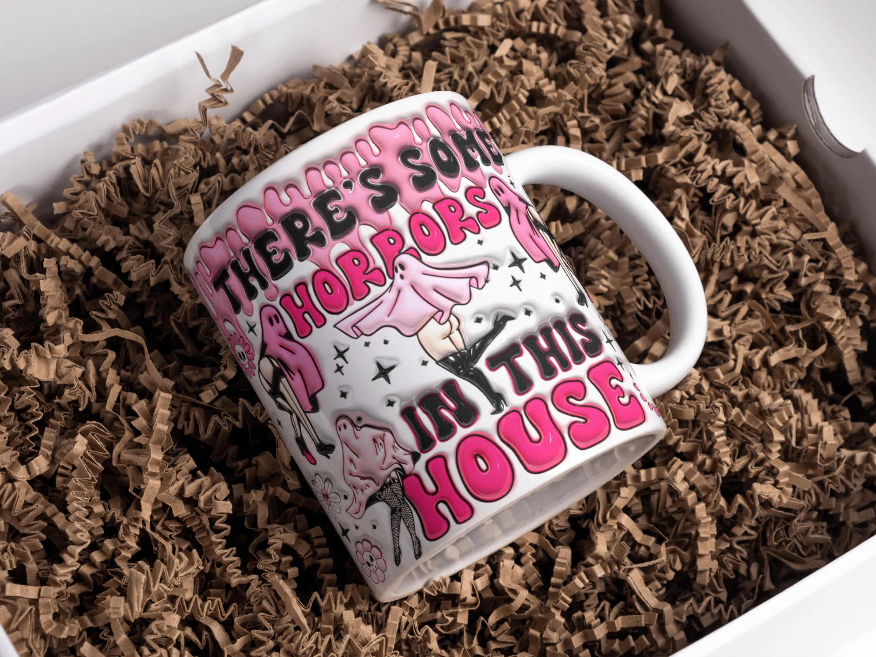 3D Halloween Ghosts Inflated Mug Wrap, Sublimation Design 11oz & 15oz, Puffy Pink Spooky Girl Mug Sublimation, Sassy Horror Quote Cup PNG