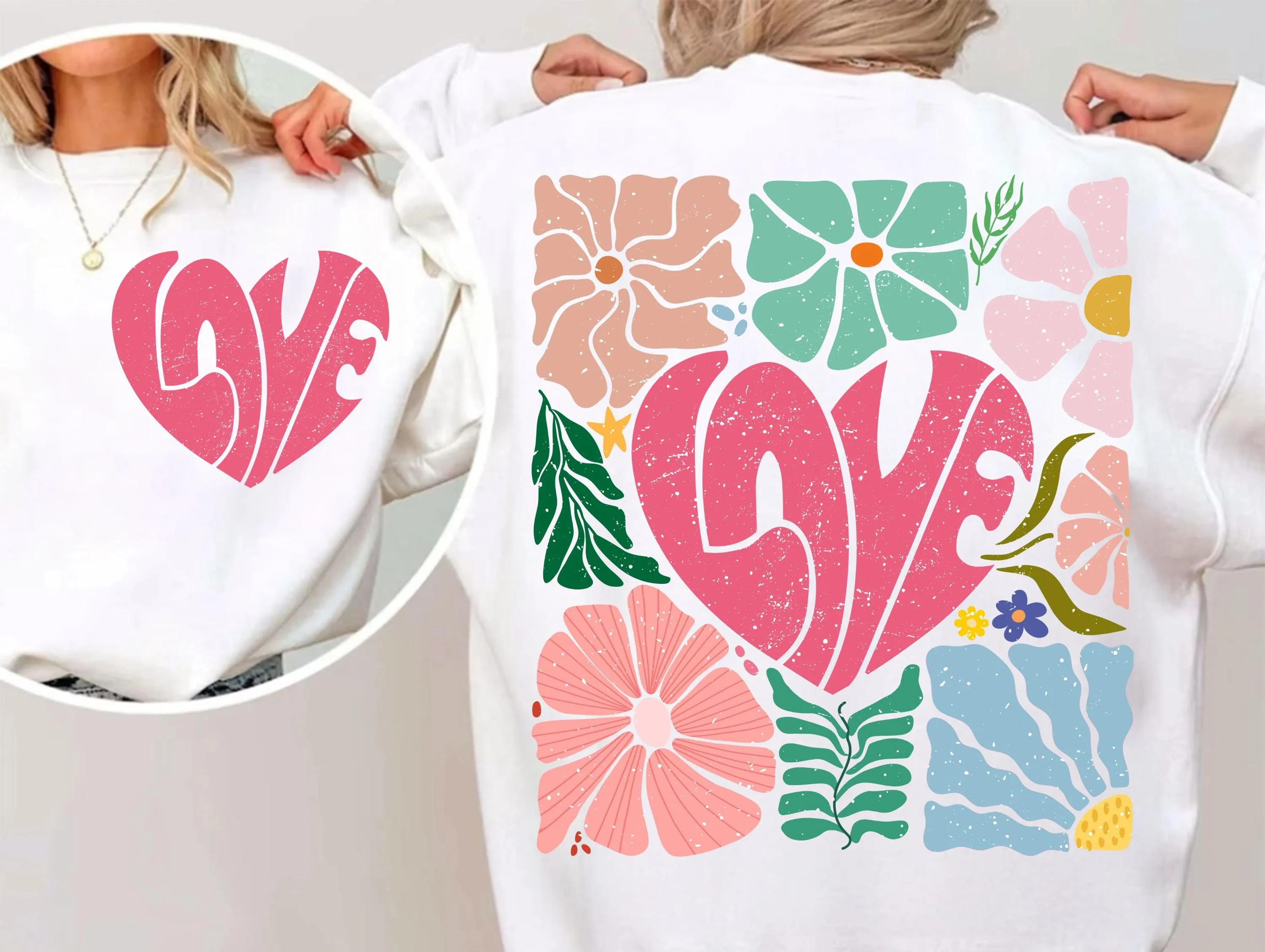 Floral Love Heart Sublimation Design | Retro Pink Heart with Flowers PNG | Distressed Boho Valentine Summer Design for T-shirts Sweatshirts