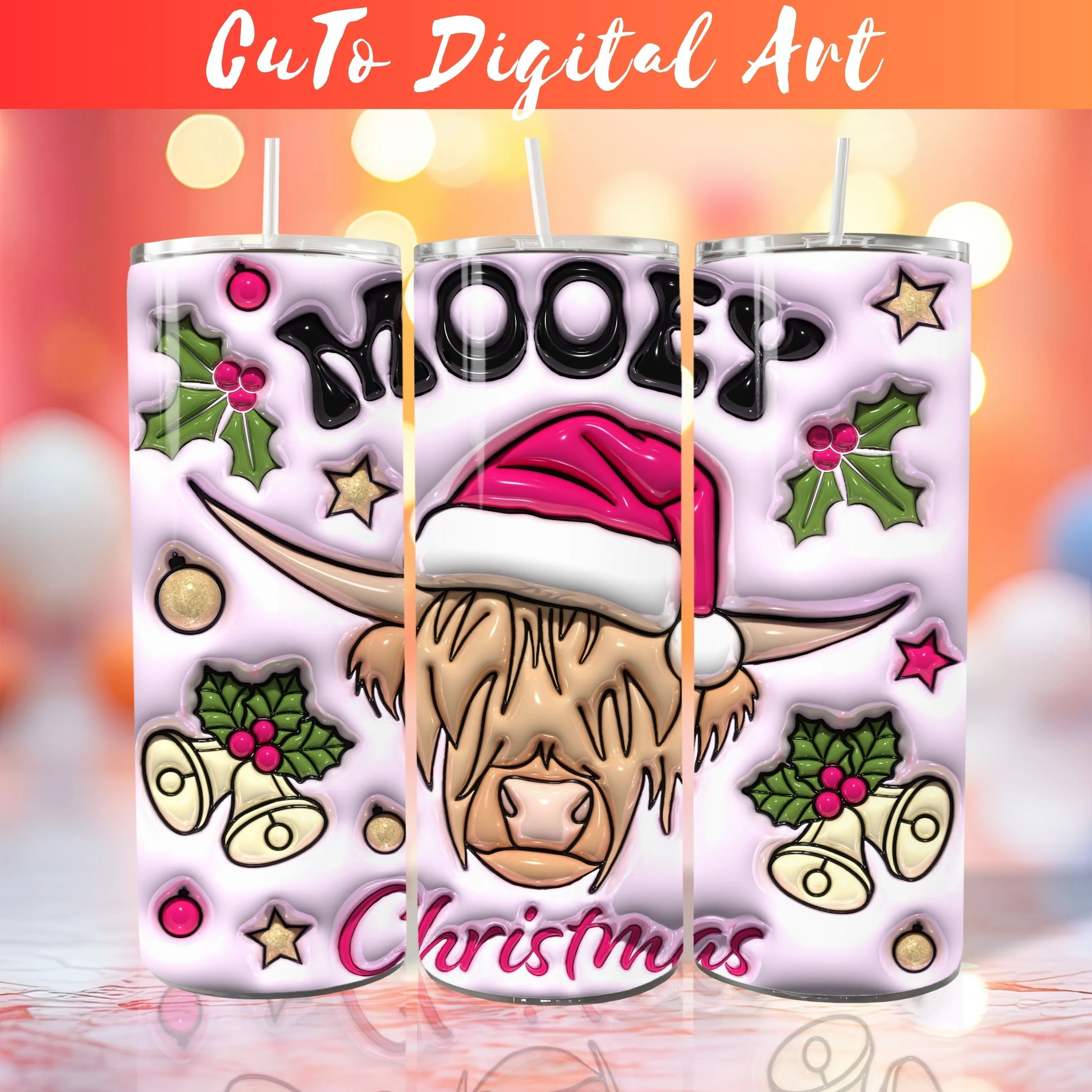 3D Christmas Highland Cow Inflated Tumbler Wrap PNG - 3D Puff Santa Cow 20oz Tumbler Sublimation - Skinny Tumbler Wrap - Digital Download