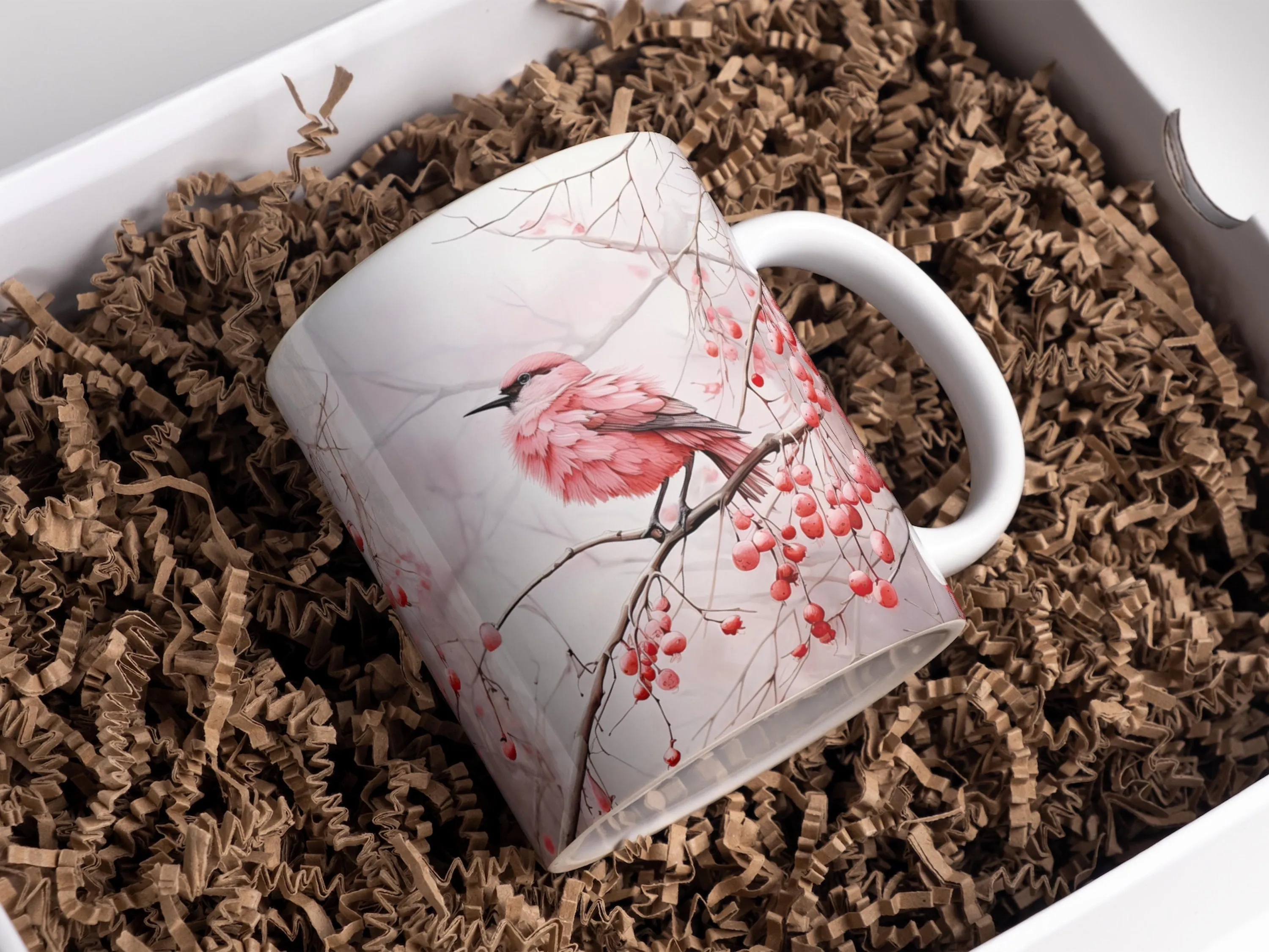 3D Pink Bird And Berries Mug Wrap Sublimation, 11oz and 15oz 3D Mug Wrap Designs, Mug Sublimation Designs, 3D Mug Template PNG Design