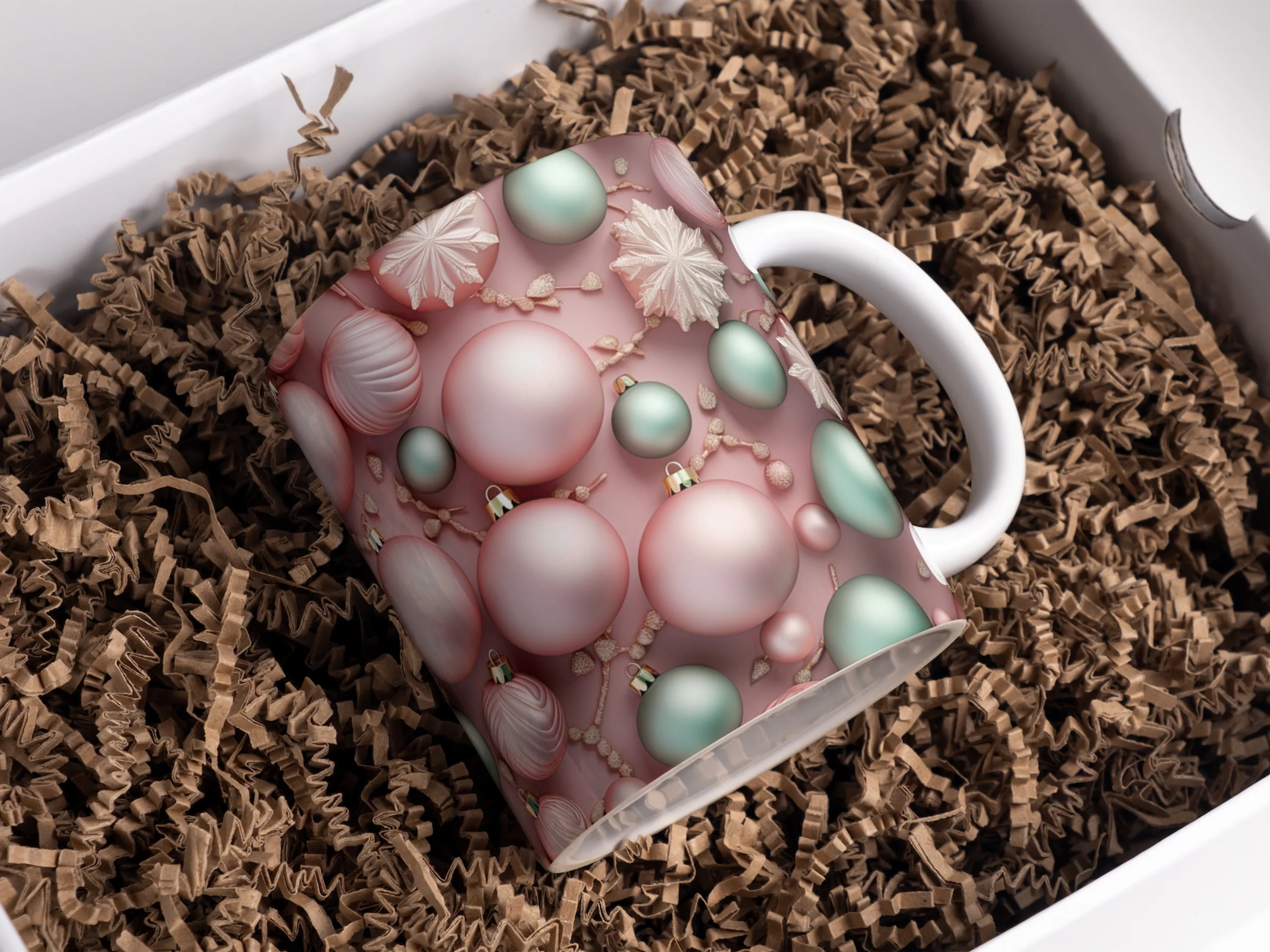 3D Christmas Tree Toys, Pink And Turquoise Mug Wrap Sublimation, 11oz and 15oz 3D Mug Wrap Designs, 3D Mug Sublimation Template PNG Design