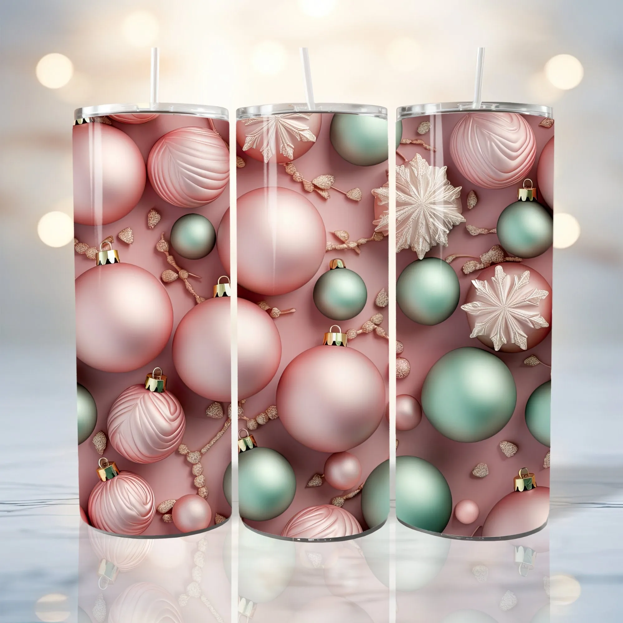 3D Christmas Tree Toys, Pink And Turquoise Tumbler Wrap - 20oz Tumbler & 30oz Tumbler - Seamless Tumbler, 3D Tumbler Wrap Sublimation Design