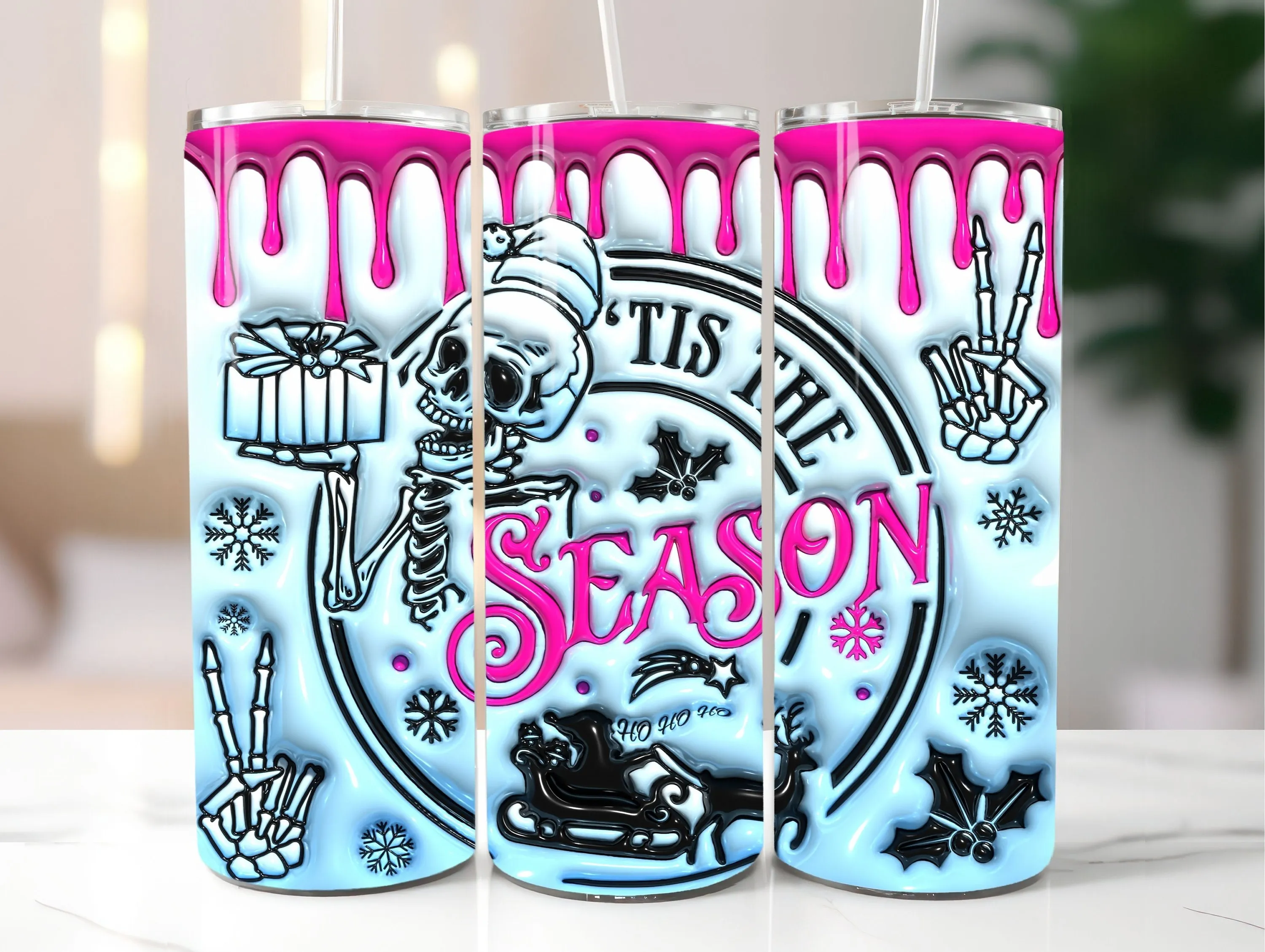 3D Seamless Inflated Christmas Season Tumbler Wrap Design, Puff Winter Skeleton 20oz Tumbler Sublimation, Digital Download Tumbler Wrap