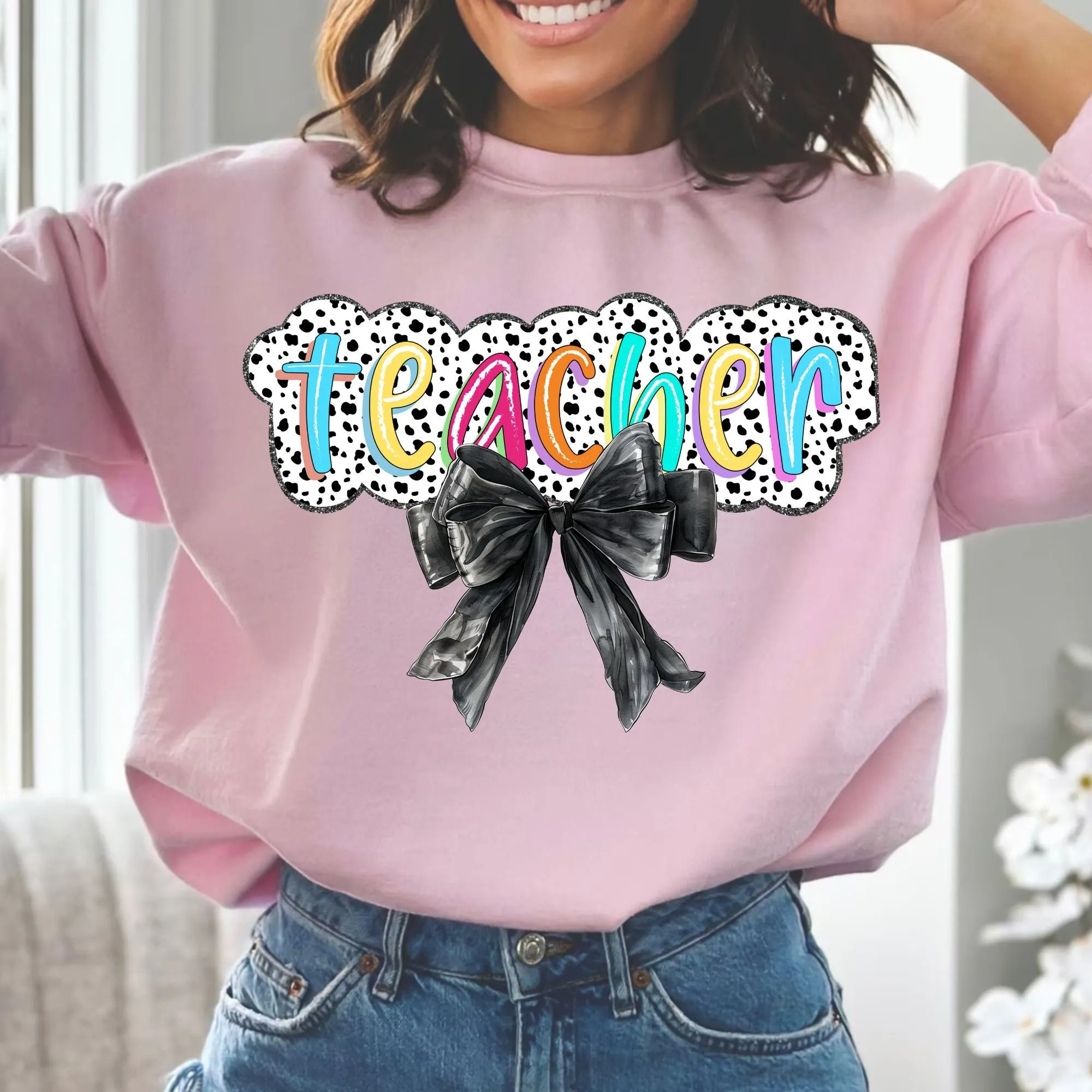 Teacher Bow Digital Download - Dalmatian Pattern with Colorful Letters and Black Bow - Sweatshirt and T-Shirt Design - Teacher Appreciation