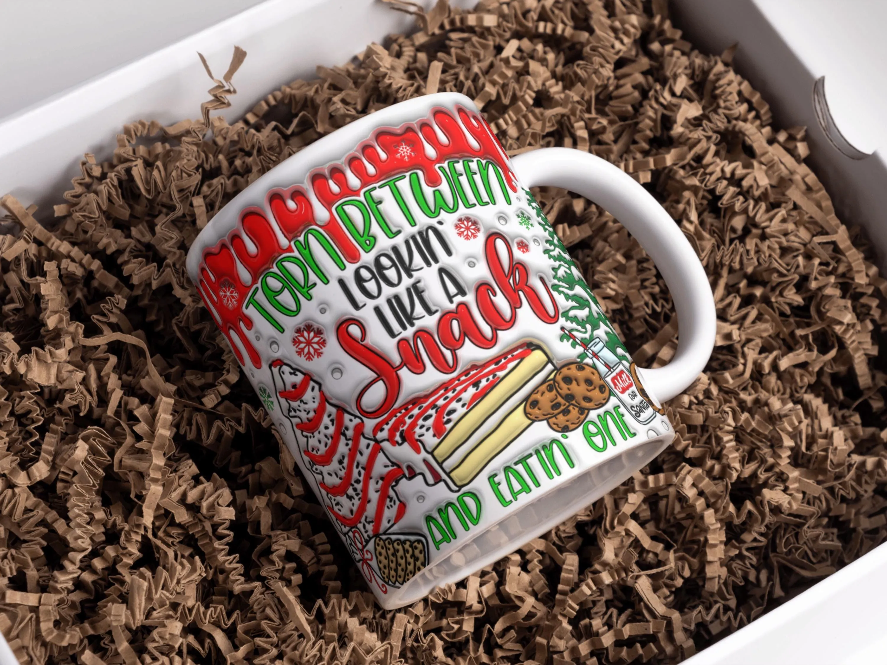 3D "Torn Between Lookin' Like a Snack" Xmas Inflated Mug Wrap, Sublimation Design 11oz & 15oz, Puffy Christmas Mug PNG, Instant Download