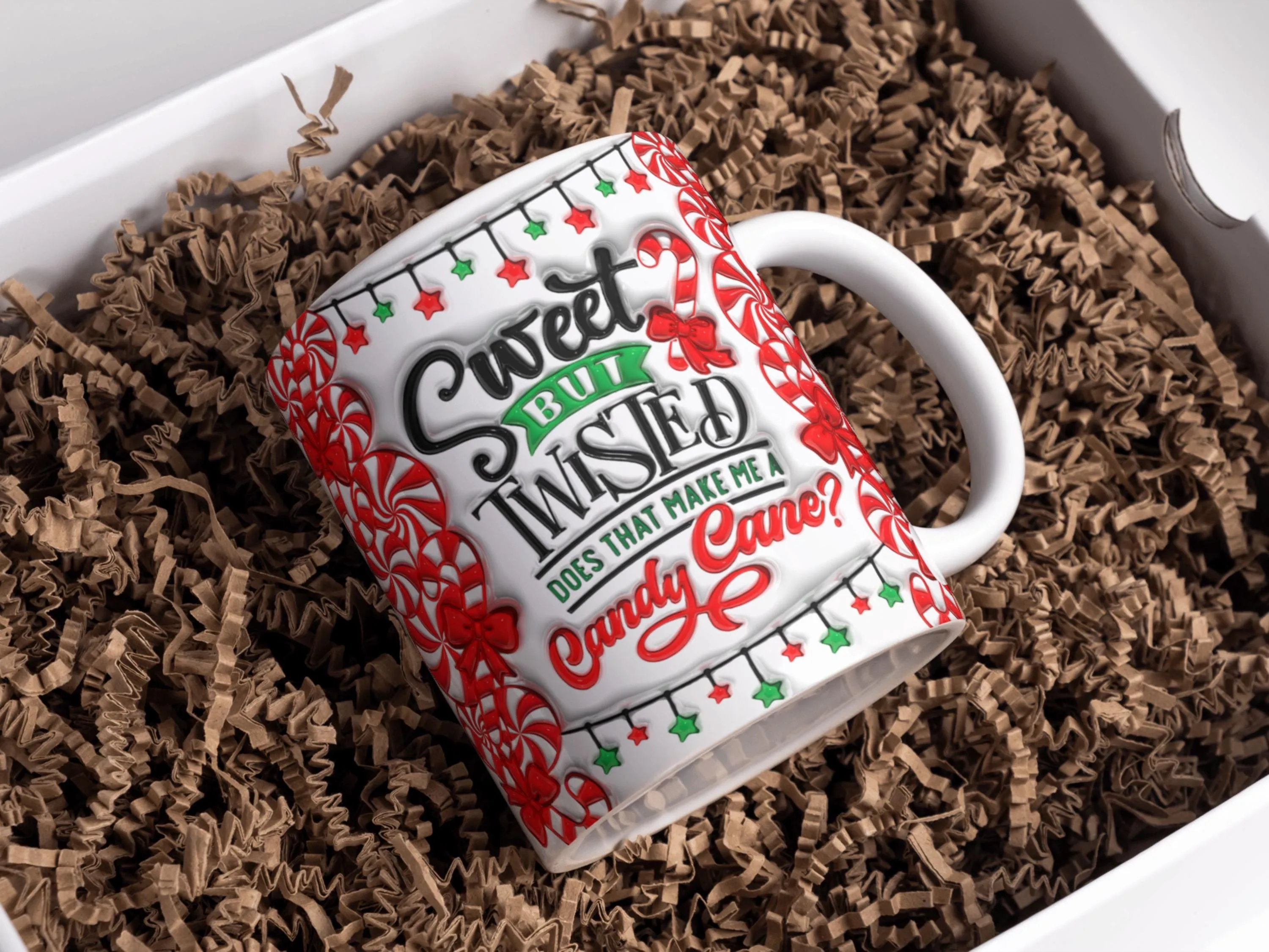 3D Candy Cane Inflated Christmas Mug Wrap, Sweet But Twisted Sublimation Design 11oz & 15oz, Puffy Xmas Mug Wrap PNG, Digital Download