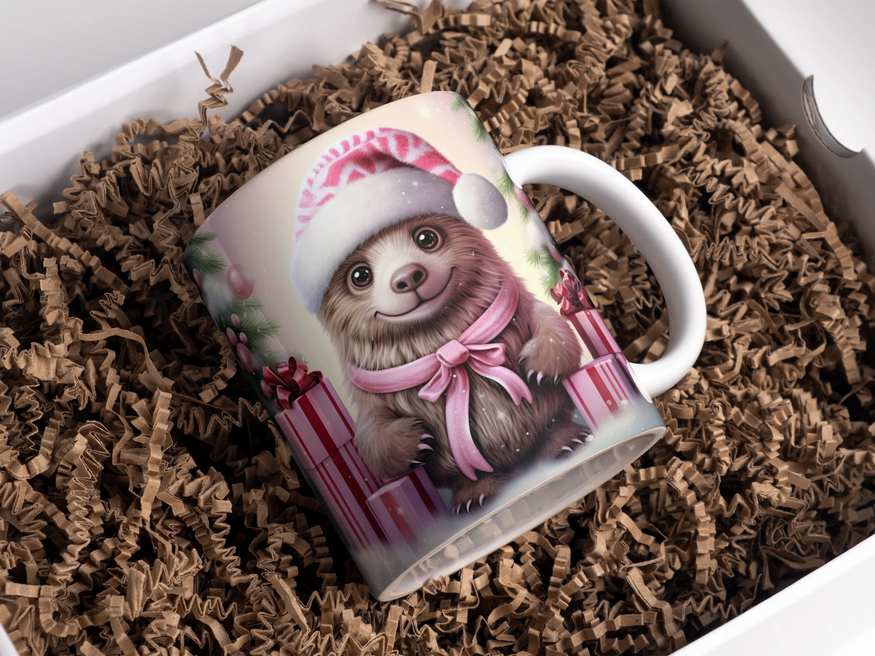 3D Pink Christmas Cute Sloth Mug Wrap Sublimation, 11oz and 15oz 3D Mug Wrap Designs, Funny 3D Xmas Mug Sublimation PNG Template Design