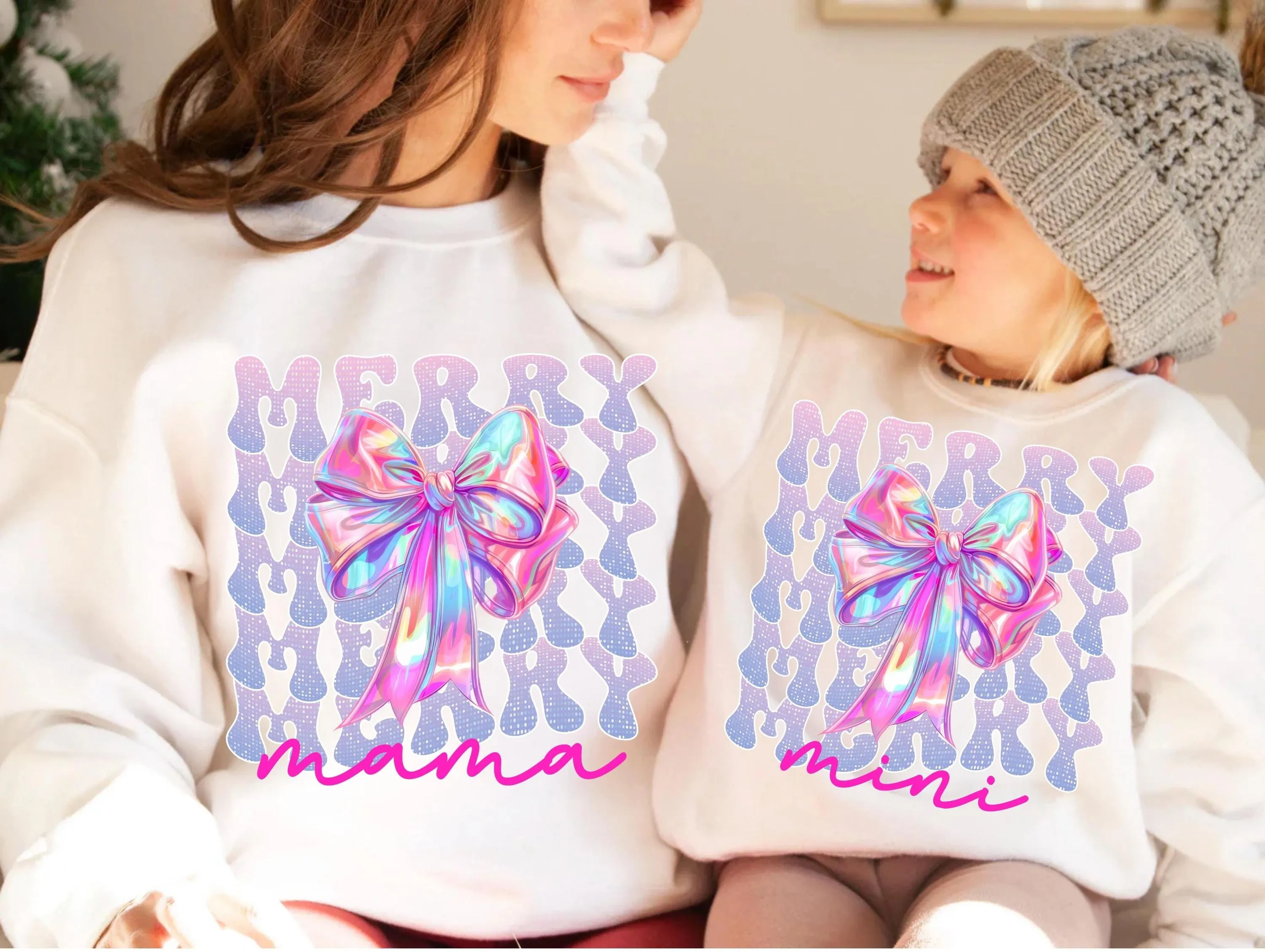Holographic Xmas Coquette Bow Mama And Mini Design | Transparent Pink And Black Rainbow PNG | Sublimation Design for T-shirts & Sweatshirts
