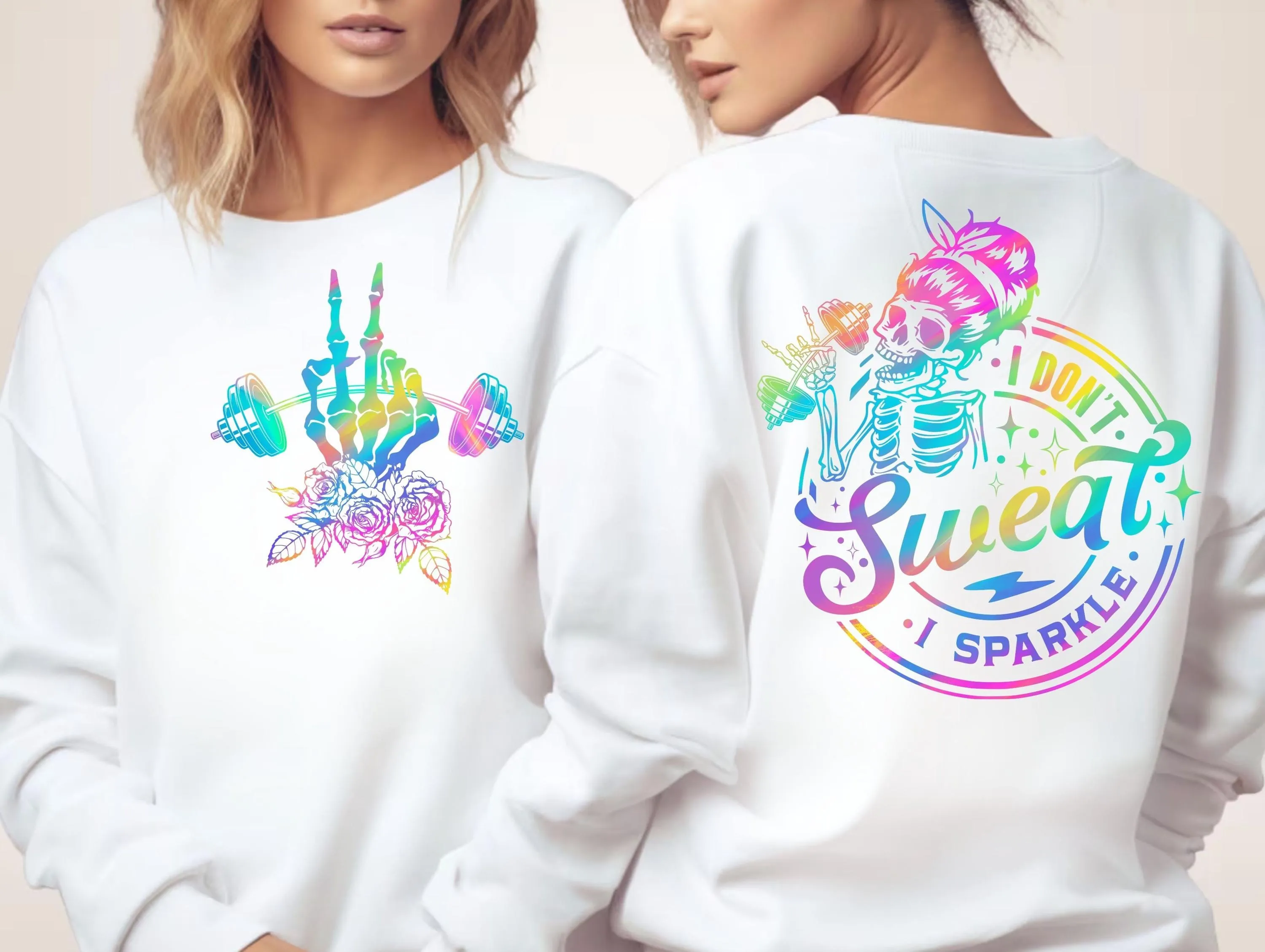 Holographic Workout "I don't Sweat I Sparkle" Skeleton Design PNG - Gym Roses Hand - Digital Download, Retro Trendy Sublimation Shirt design